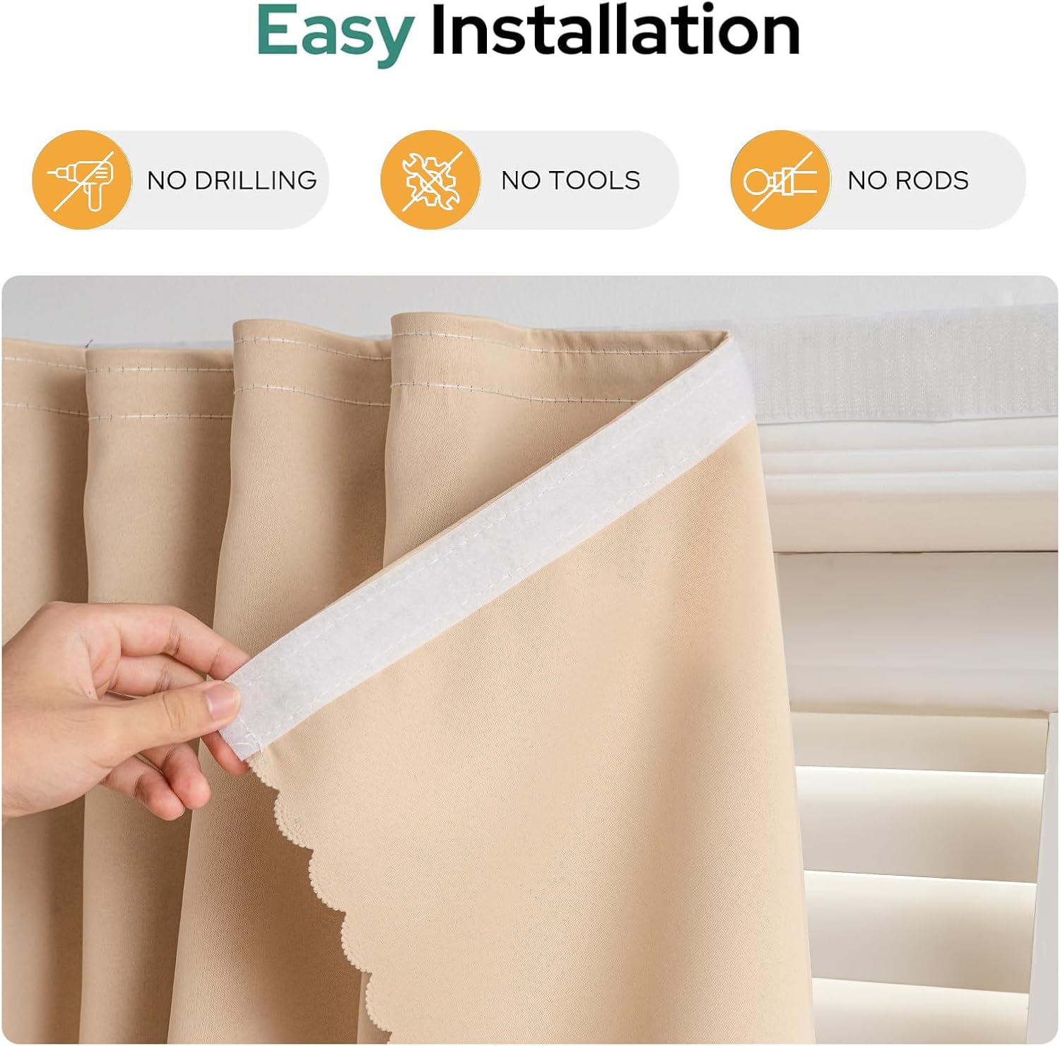 Blackout Curtains Adhesive - No Drilling, No Rod, Easy to Install, for Window Blinds,Bedroom(Beige 59 * 96in-1P)