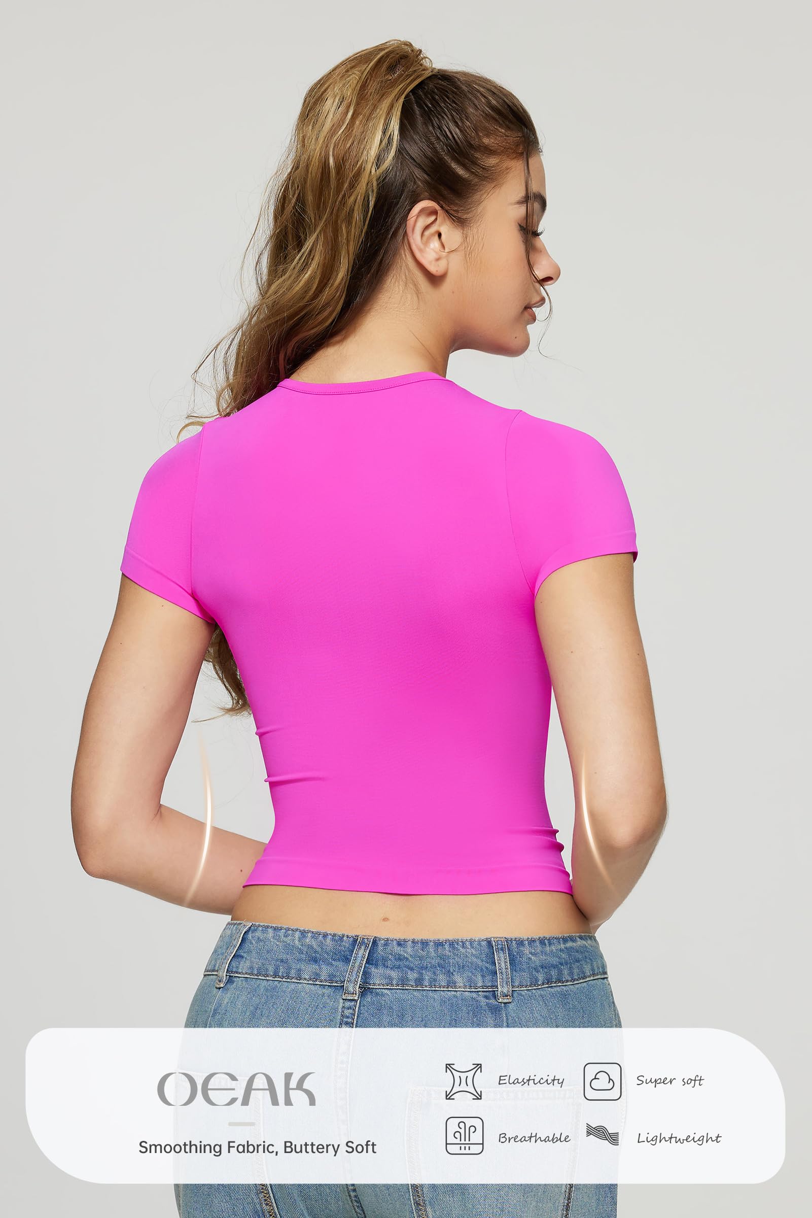 OEAK T-shirt da donna a maniche corte, girocollo, maglietta di base, morbida e liscia, senza cuciture, vestibilità aderente, top alla moda
