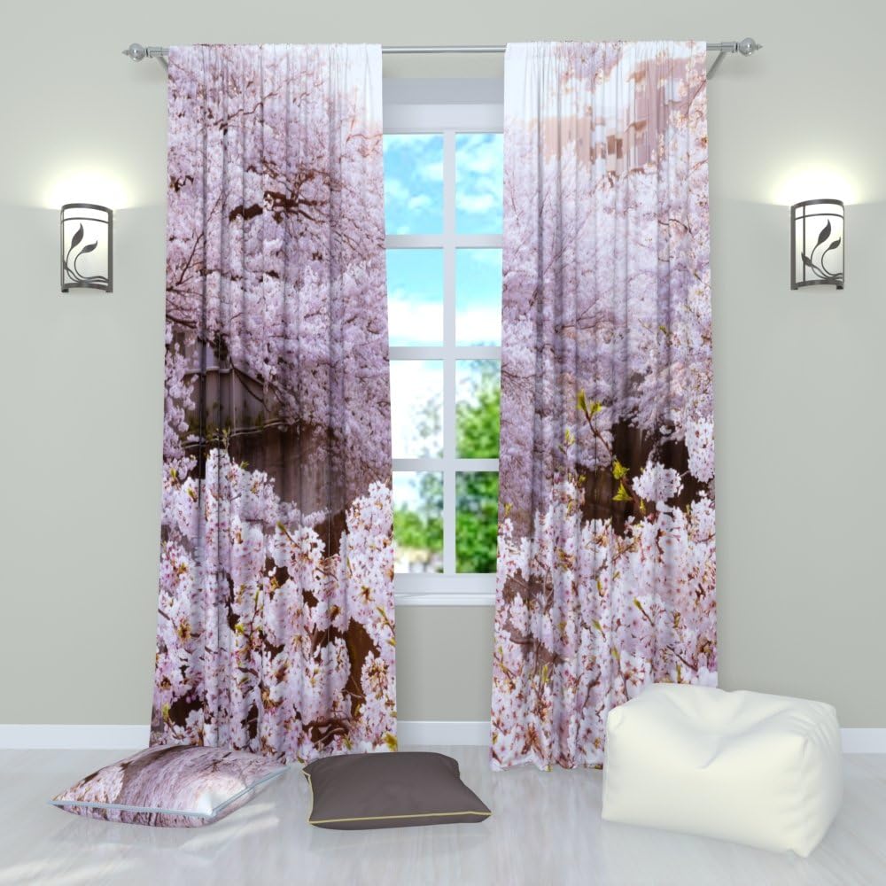 Factory4me Floral Curtains Morning Sakura. Window Curtain Set of 2 Panels Each W52 x L96 Total W104 x L96 inches Drapes for Living Room Bedroom Kitchen