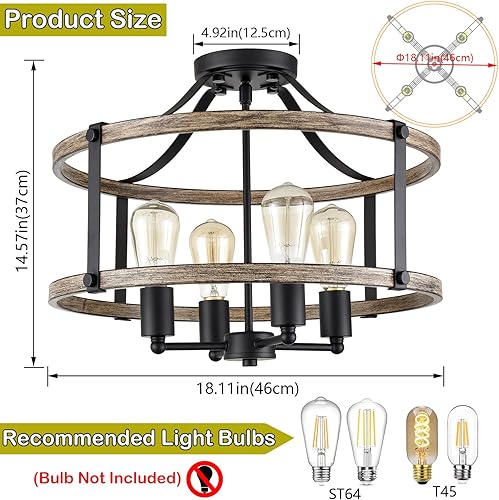 Miniatura 6 de Lámpara de techo de granja de 4 luces semiempotradas, 18 pulgadas, jaula de tambor rústica, lámpara de techo semiempotrada para dormitorio, pasillo,