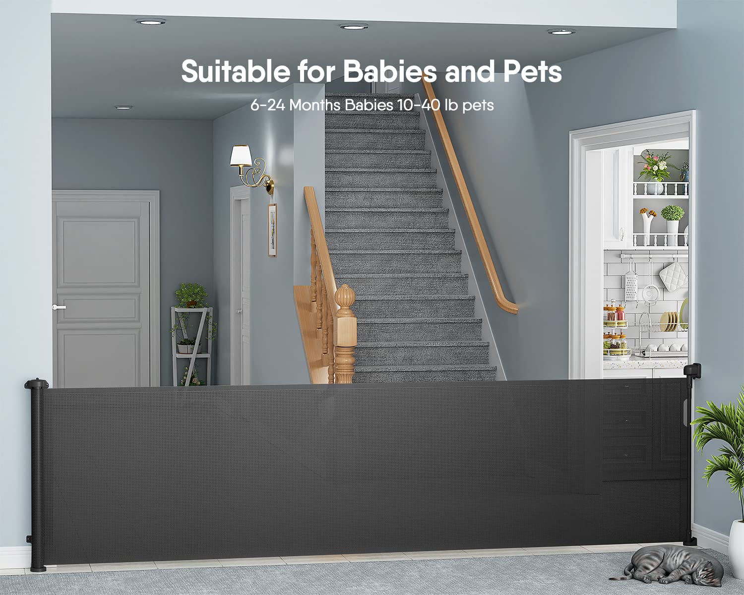 118 inch Retractable Baby Gates Extra Wide for Large Opening DynaBliss Retractable Baby Gate for Stairs Doorway Extra Long Dog Gate Adjustable Large Pet Gates for Dogs Indoor Mesh Child Gate (Black)