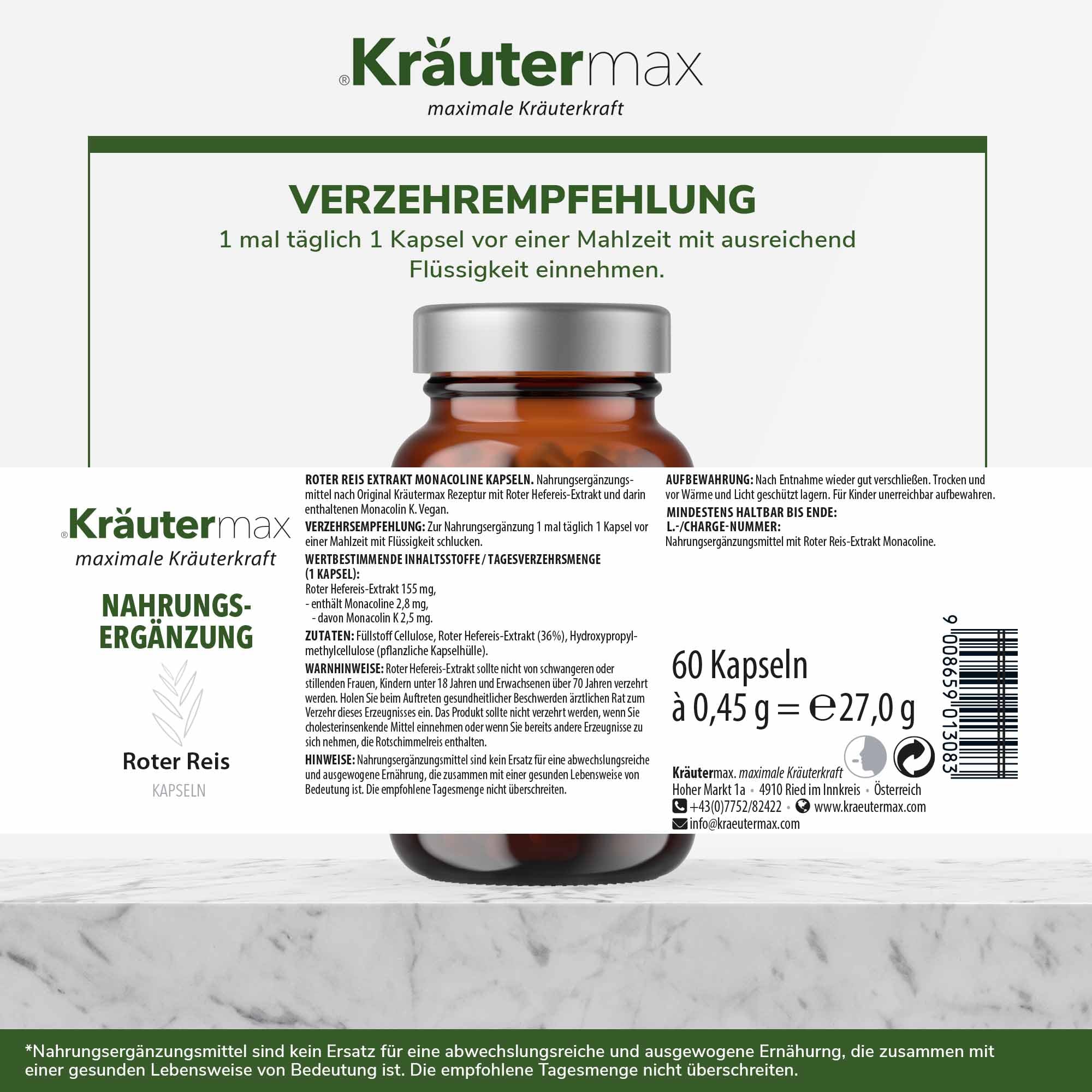 Kräutermax Roter Reis Extrakt Monacolin K Kapseln 60 Stück, Vegan, 1 x täglich
