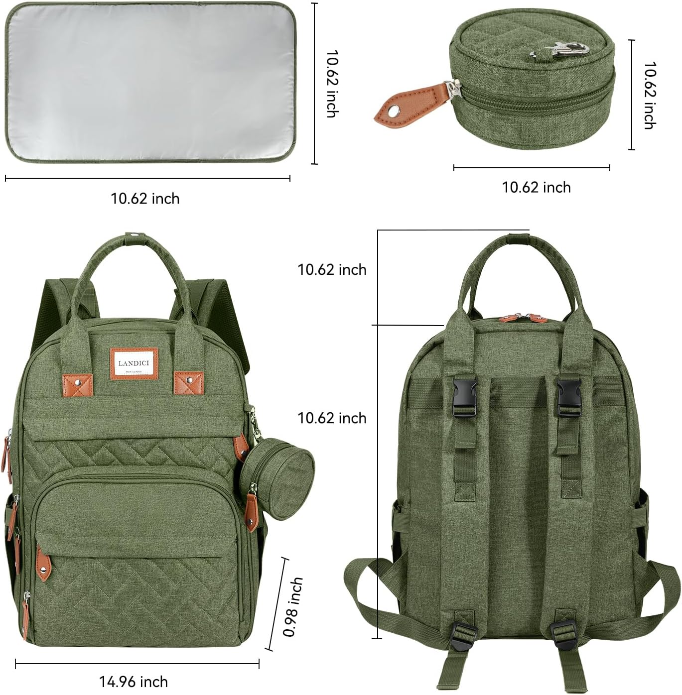 LANDICI Diaper Bag Backpack, Multifunction Baby Diaper Bags with Changing Pad, Stroller Straps & Pacifier Case, Travel Essentials Back Pack for Mom Dad Boy Girl, Large Capacity, Waterproof, Army Green