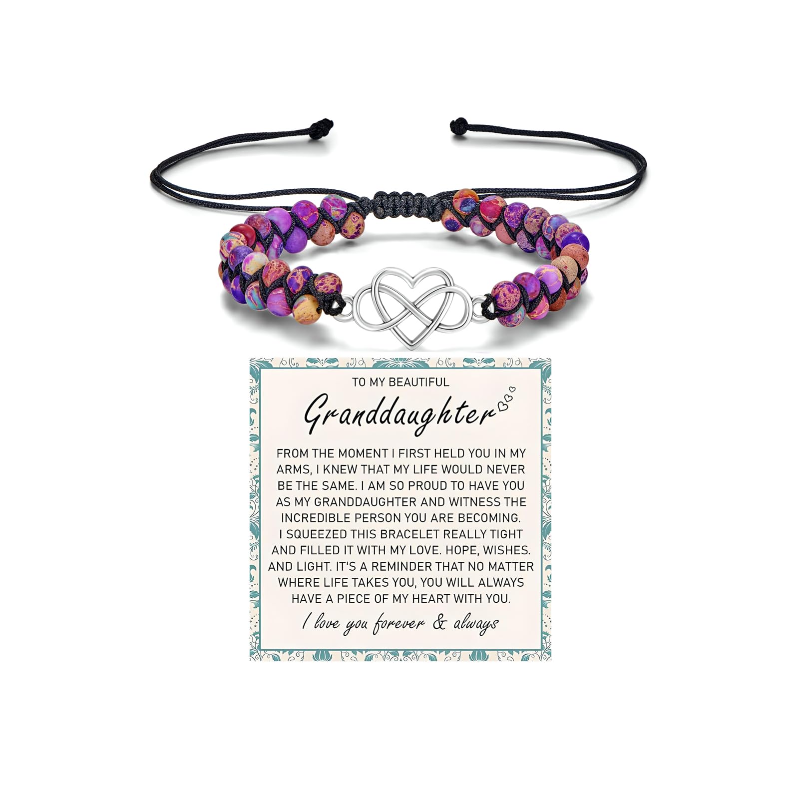 To My Granddaughter-Infinity Forever Love Heart Bracelet, Natural Emperor Stone Double Layer Purple Beaded Woven Wrap Bracelets Adjustable Mind Peace Gift Jewelry