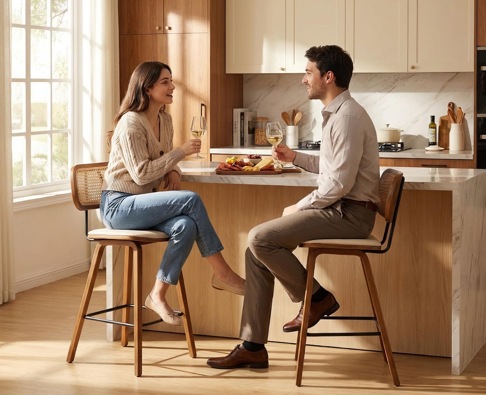 Ya-Home Juego de 2 Taburetes Altos de Cocina Modernos con Respaldo Rattán,Taburetes de Bar Tapizando en Cojín de PU, Sillas Altas de Mostrador con Patas de Madera para Hogar/Restaurante