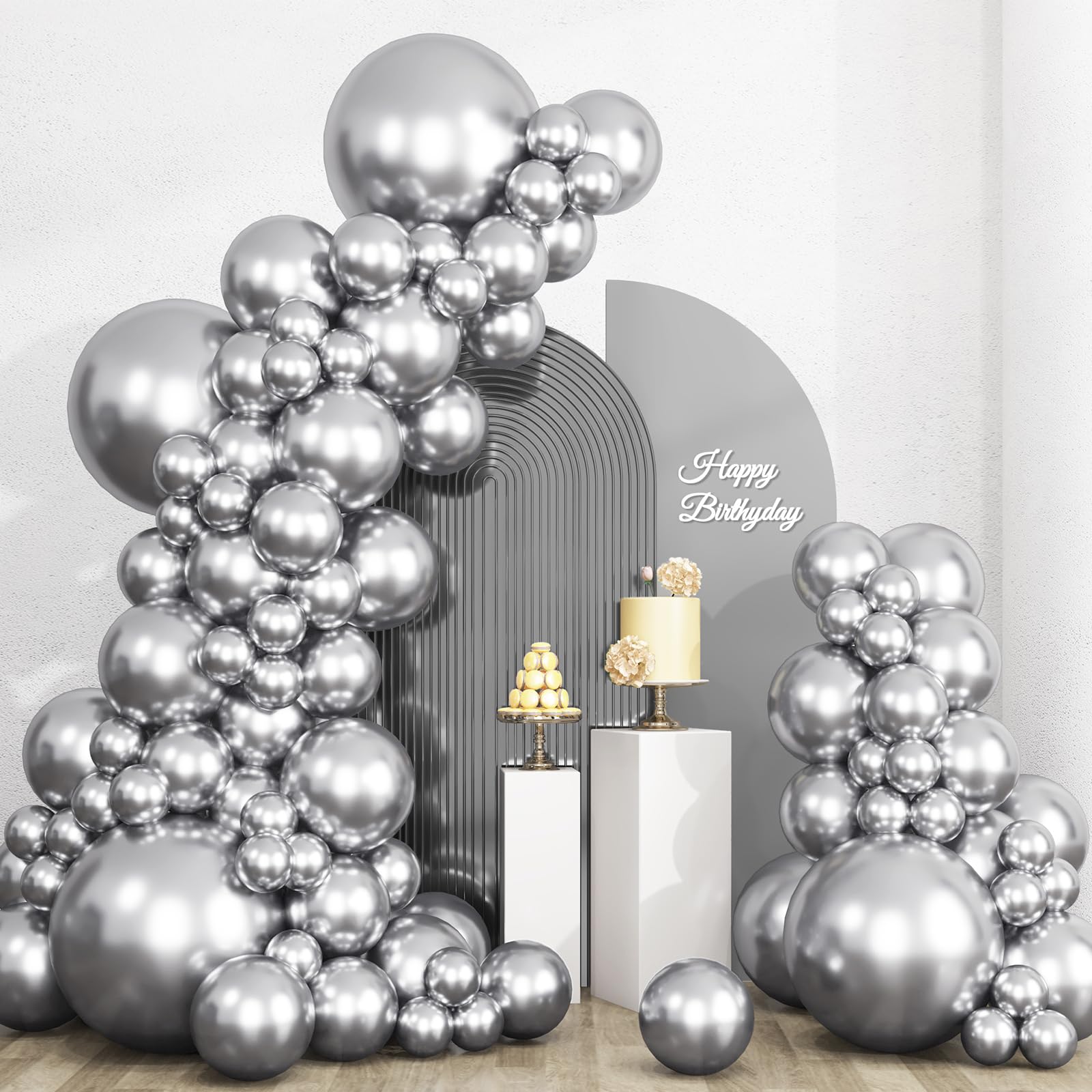 RUBFAC 135pcs Metallic Silver Balloons Different Sizes 18 12 10 5 Inch for Garland Arch, Latex Balloon for Birthday Party Graduation Wedding Decorations