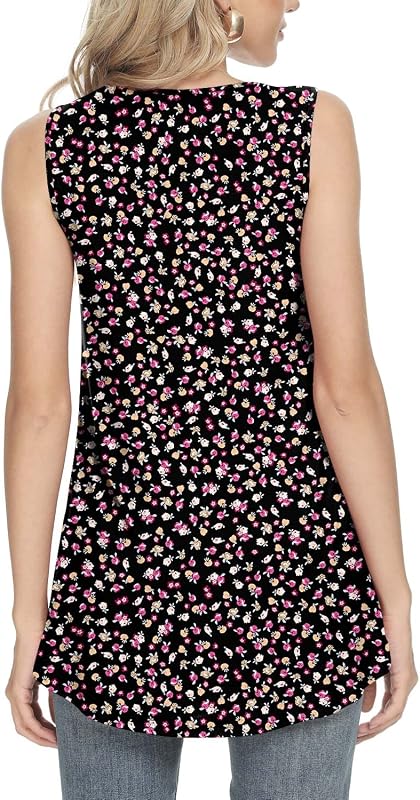 Anydeer Women Tank Tops Casual Summer Tunics Sleeveless Pleated Crewneck Shirts Loose Fit Flowy Blouses M-4XL, L, Small Floral-Black image 3