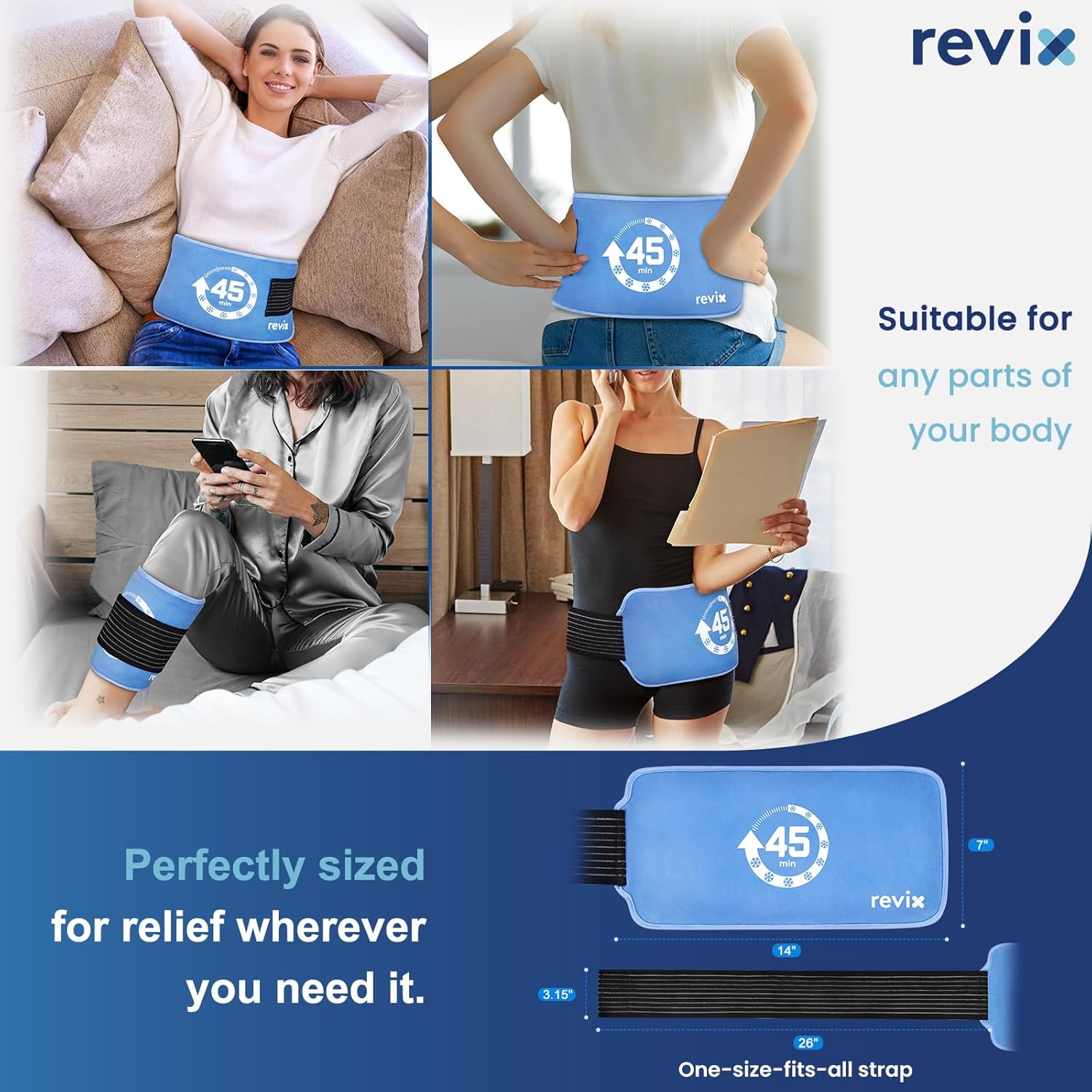 REVIX 45-Minute Long-Lasting Gel Ice Packs Reusable with Ice Grid Gel Design, Soft Cold Packs for Knee & Back with Adjustable Strap, Cold Compression Therapy for Enhancing Comfort, (14 × 7", 2 Packs)