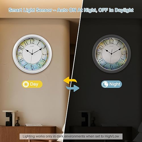 Miniatura 4 de OCEST Reloj de pared con luz nocturna de 13 pulgadas, LED de brillo silencioso y ajustable, gran pantalla fácil de leer, funciona con pilas para