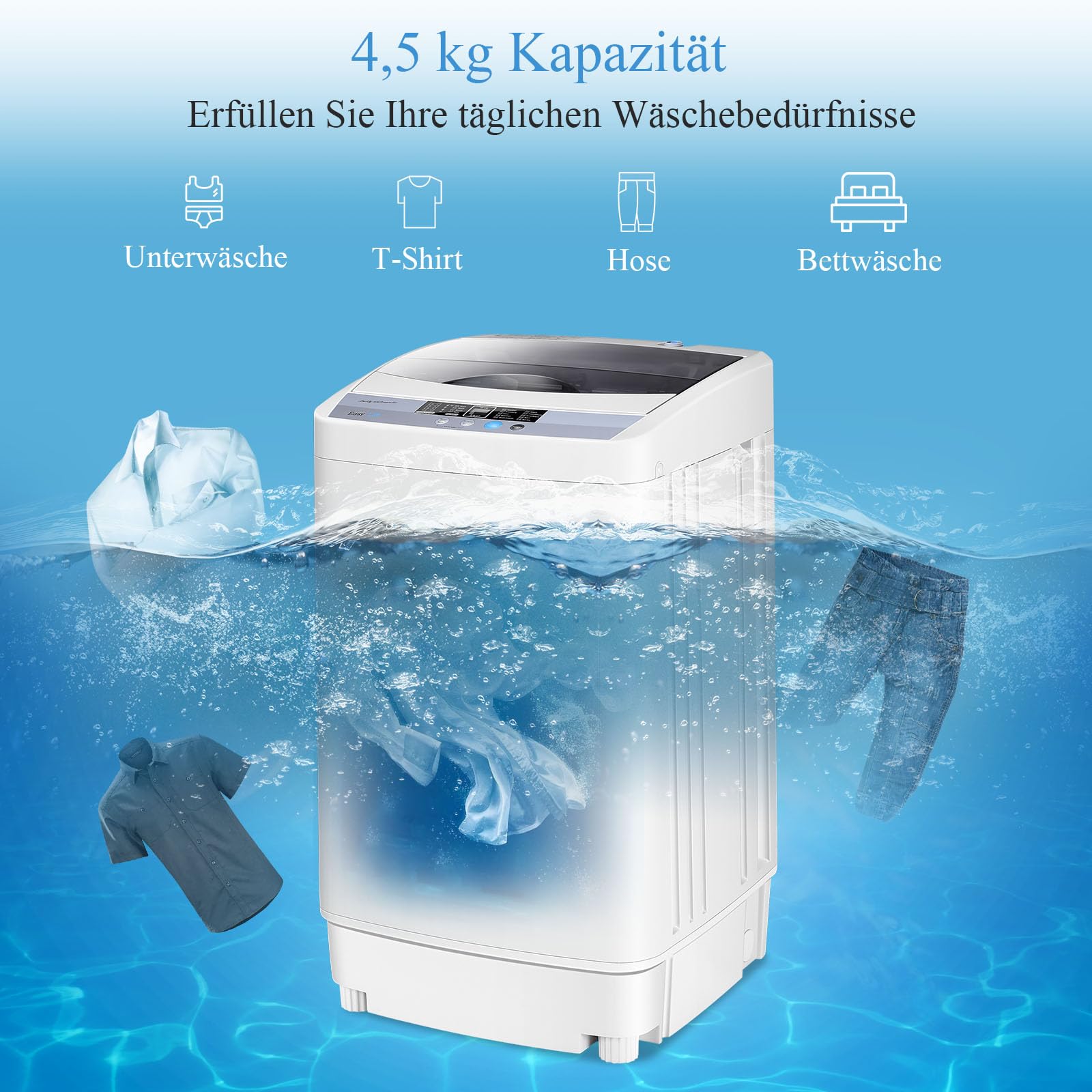 RELAX4LIFE 4,5 kg Vollautomatische Waschmaschine Toplader Miniwaschmaschine mit LED-Display 10 Programmauswahl 310W 50 x 50 x 85 cm Grau