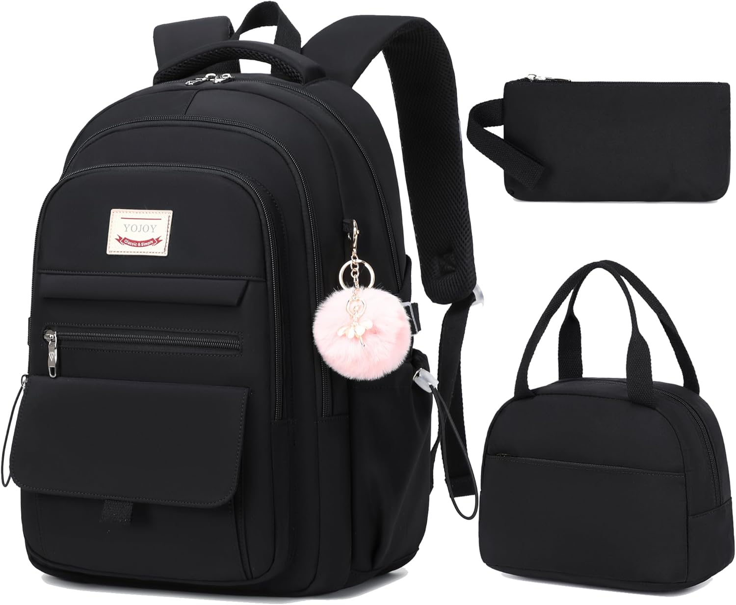 School Bag for Teens Girls,Girls Backpack Set,3 PCS Kids Backpack for Women,15.6 Inch Laptop Middle High School College Student Casual Travel Daypack with Lunch Box Pencil Pouch Set(Black)