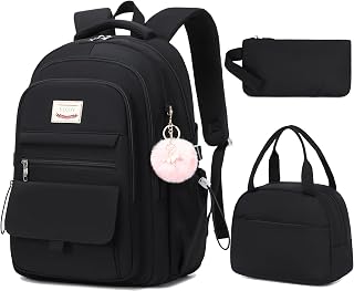 School Bag for Teens Girls,Girls Backpack Set,3 PCS Kids Backpack for Women,15.6 Inch Laptop Middle High School College Student Casual Travel Daypack with Lunch Box Pencil Pouch Set(Black)
