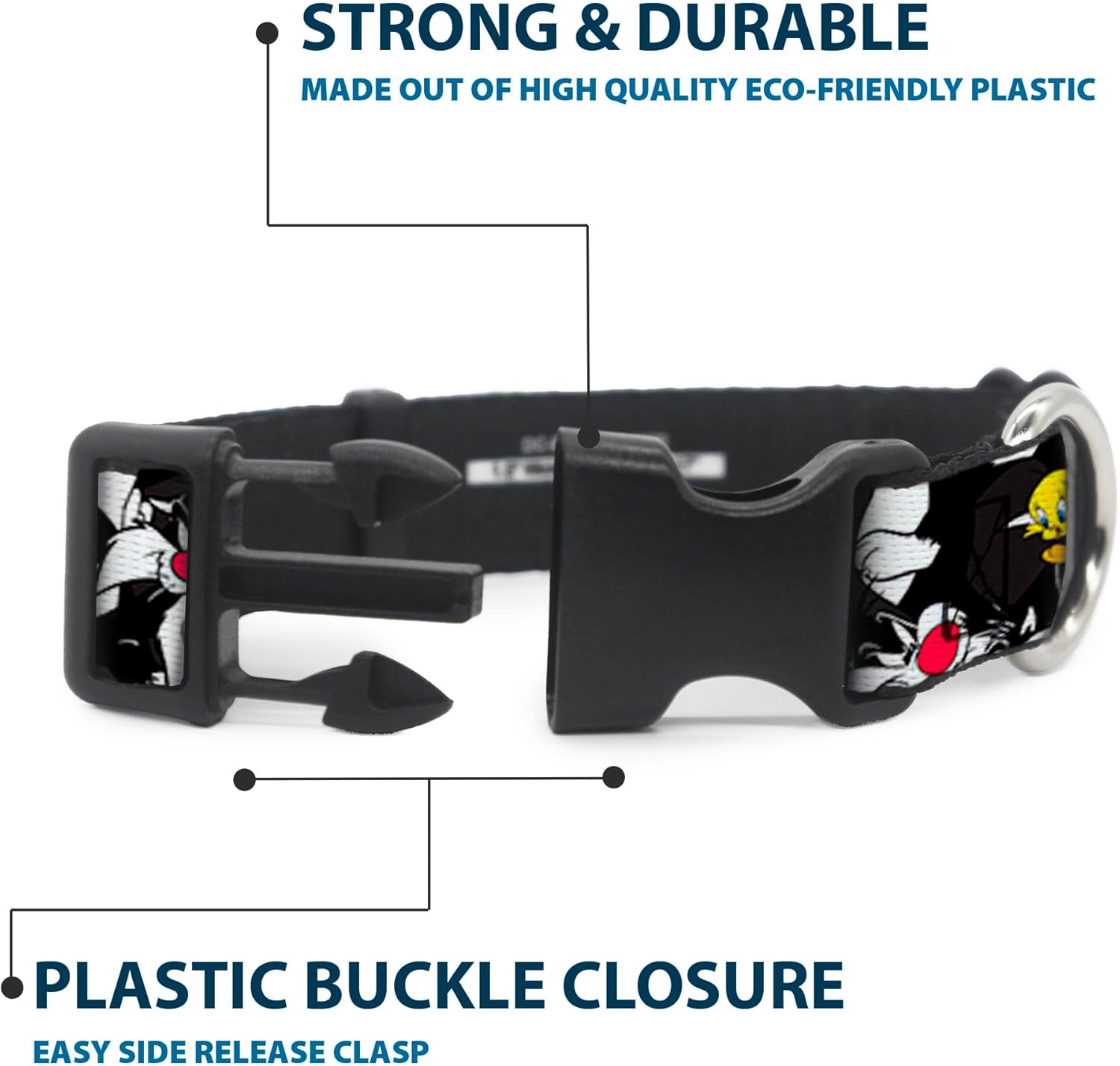 Dog Collar Plastic Clip Sylvester and Tweety Poses Scattered Charcoal 18 to 32 Inches 1.5 Inch Wide