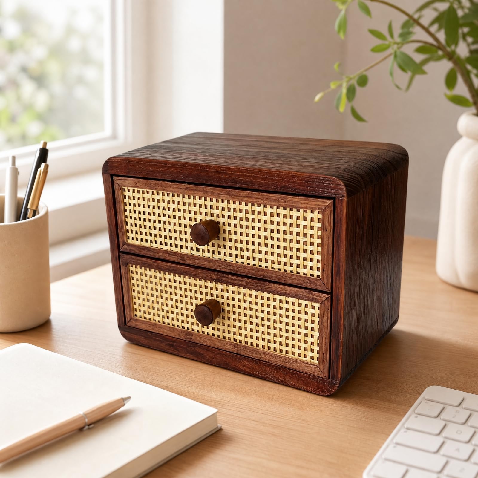 Gralara Organiteur Bureau Table Tiroirs Robuste Meuble Rangement En Bois Rotin Décoratif Armoire Bureau à Tiroirs, Style A