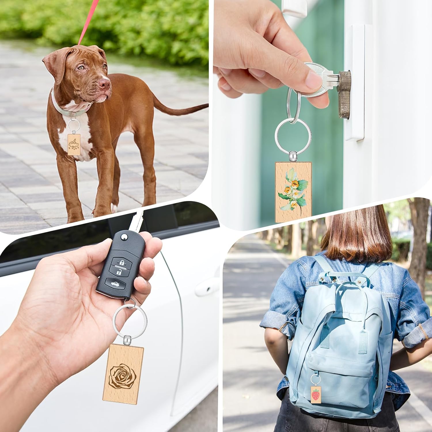 100Pcs Wood Keychain Blank, Unfinished Laser Engraving Blanks with Key Rings Key Tag Rectangular Keychain Ring Tag Wooden Sign Bulk for DIY, Crafts Gift, Pet Tags