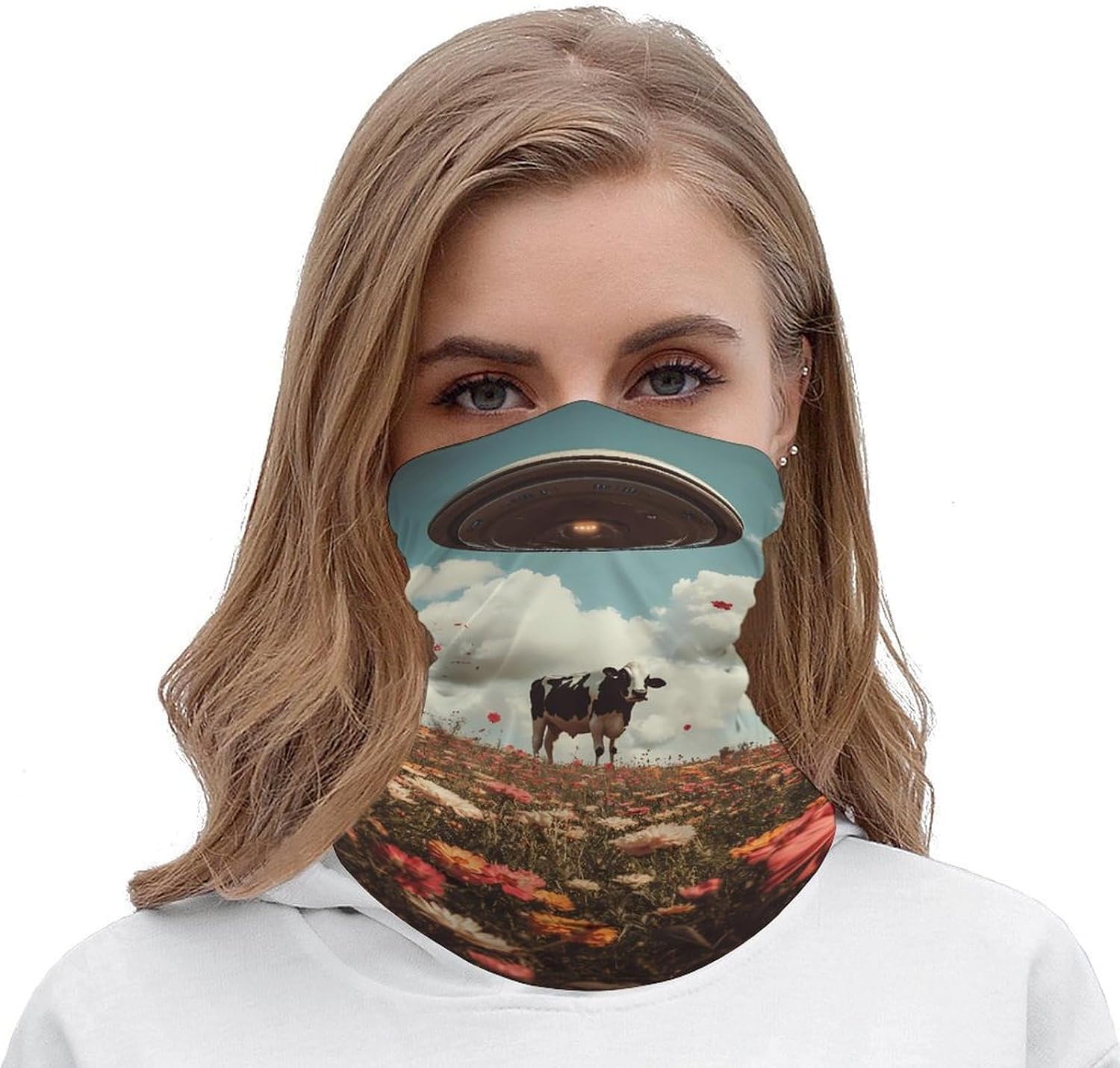 Spaceship Cow Flying Over Flower Fields Neck Gaiter Windproof Face Mask Bandanas for Men Women Cold Weather Scarf