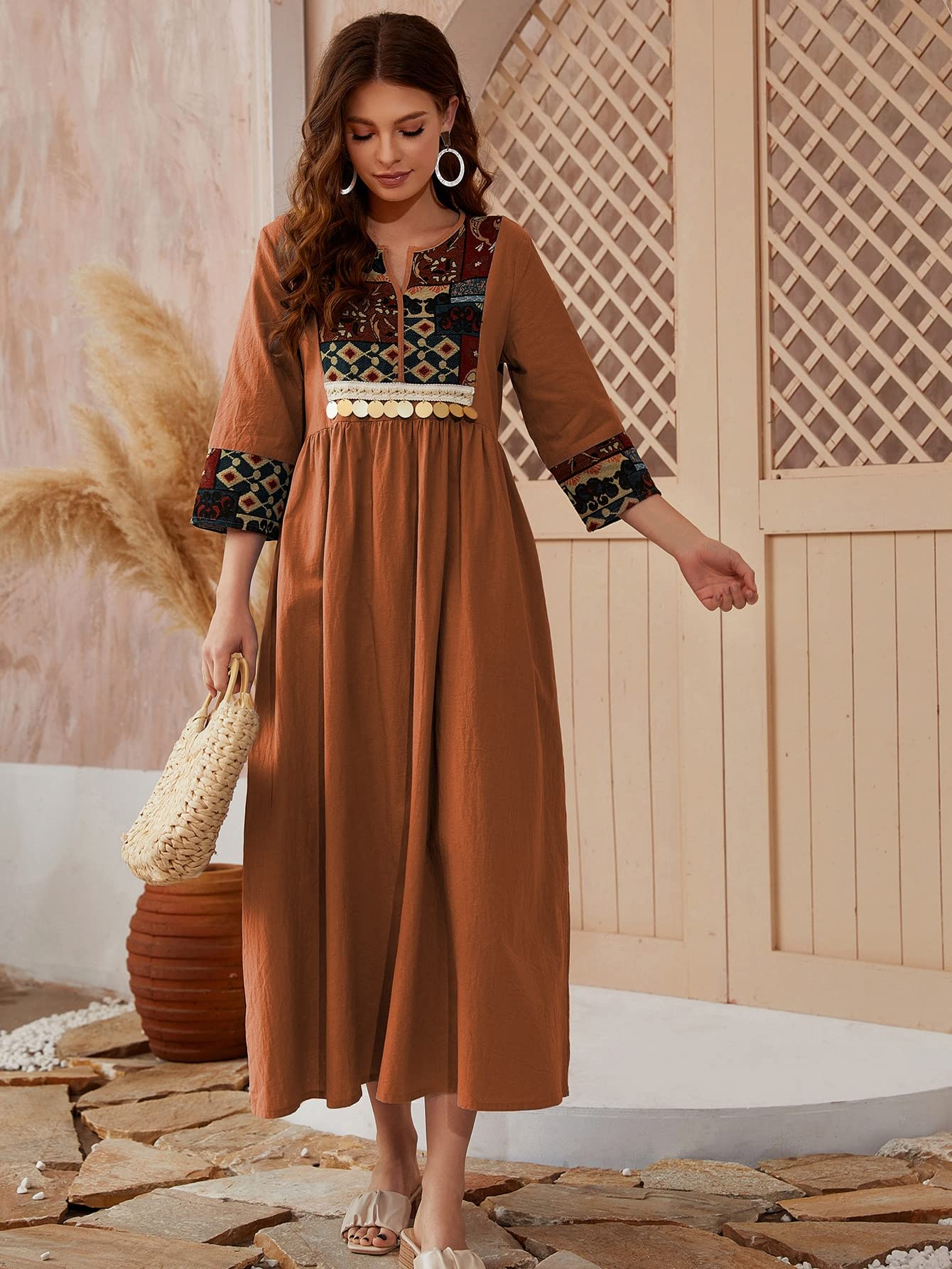 WOKEZ Contrast Geo Panel Smock Dress (Color : Ginger, Size : M