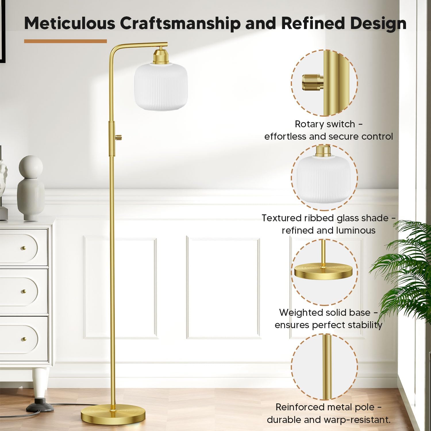 Glass Floor Lamp for Living Room, Modern Standing Lamp with White Glass Lampshade & Brushed Gold, Stepless Dimmable and Rotary Switch, 66” Tall Lamp & White Floor Lamp for Bedroom Study Room
