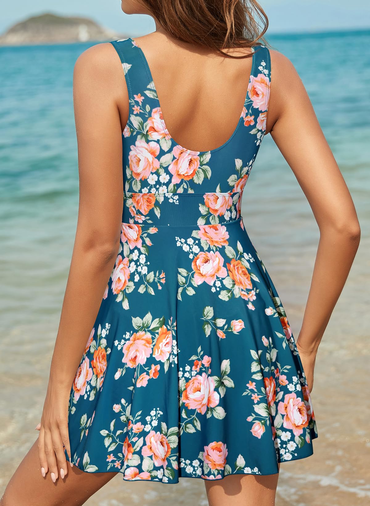SHEKINI Damen Einteiliger Badeanzug mit Rock Badekleid Baderock mit Shorts Gepolstert Bauchweg Badeanzugkleid