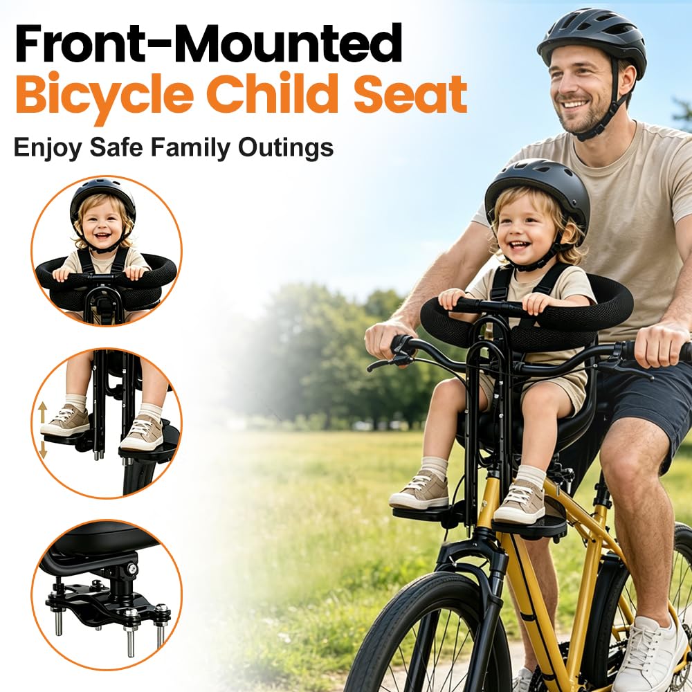 Kindersitz Fahrrad Vorne, Bequemer Size Fahrradsitz Kinder Vorne, Umfassendes Schutzgitter Höhenverstellbar Kinderfahrradsitz, Fahrrad Kindersitz für Mountainbikes und Falträder