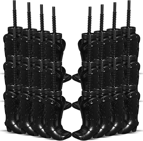 Hoolerry 12 vasos de plástico para fiesta de botas de vaquero con pajitas y tapas, tazas de plástico de 10 onzas para suministros de fiesta temática