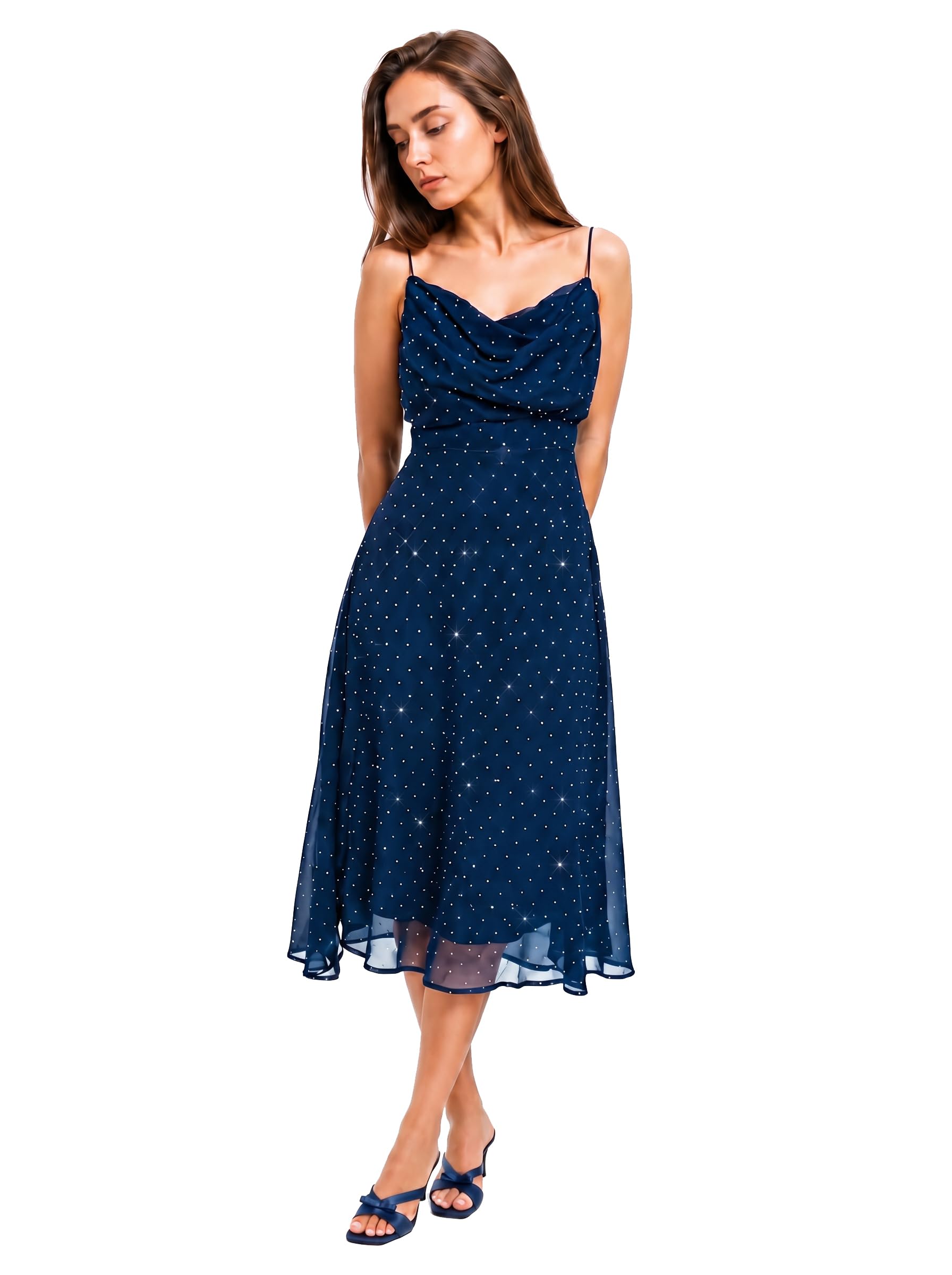 Women’s Navy Blue Rhinestone Sparkle Midi Dress, Cowl Neck Spaghetti Strap Sleeveless A-Line Evening Party Dress-image-49