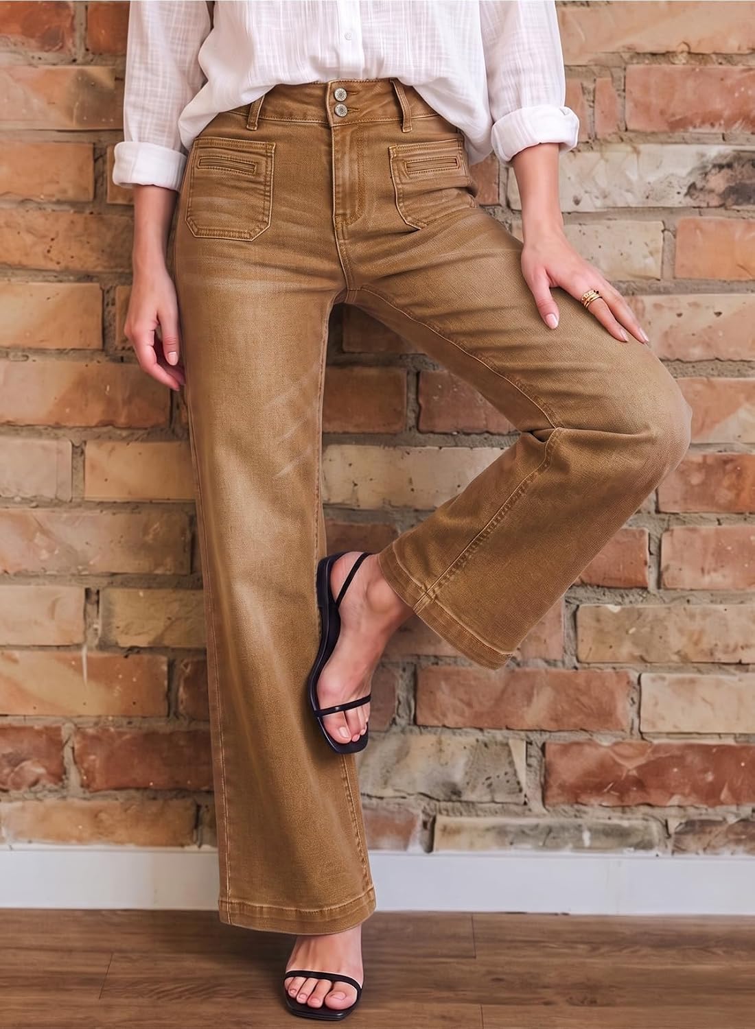  Women's Wide Leg Jeans High Waisted Denim Pants | Double Button Waistband,Tummy Control,Front Patch Pockets,Full Length,High Rise,Stretchy Fabric,Casaul Daily Wear thumbnail