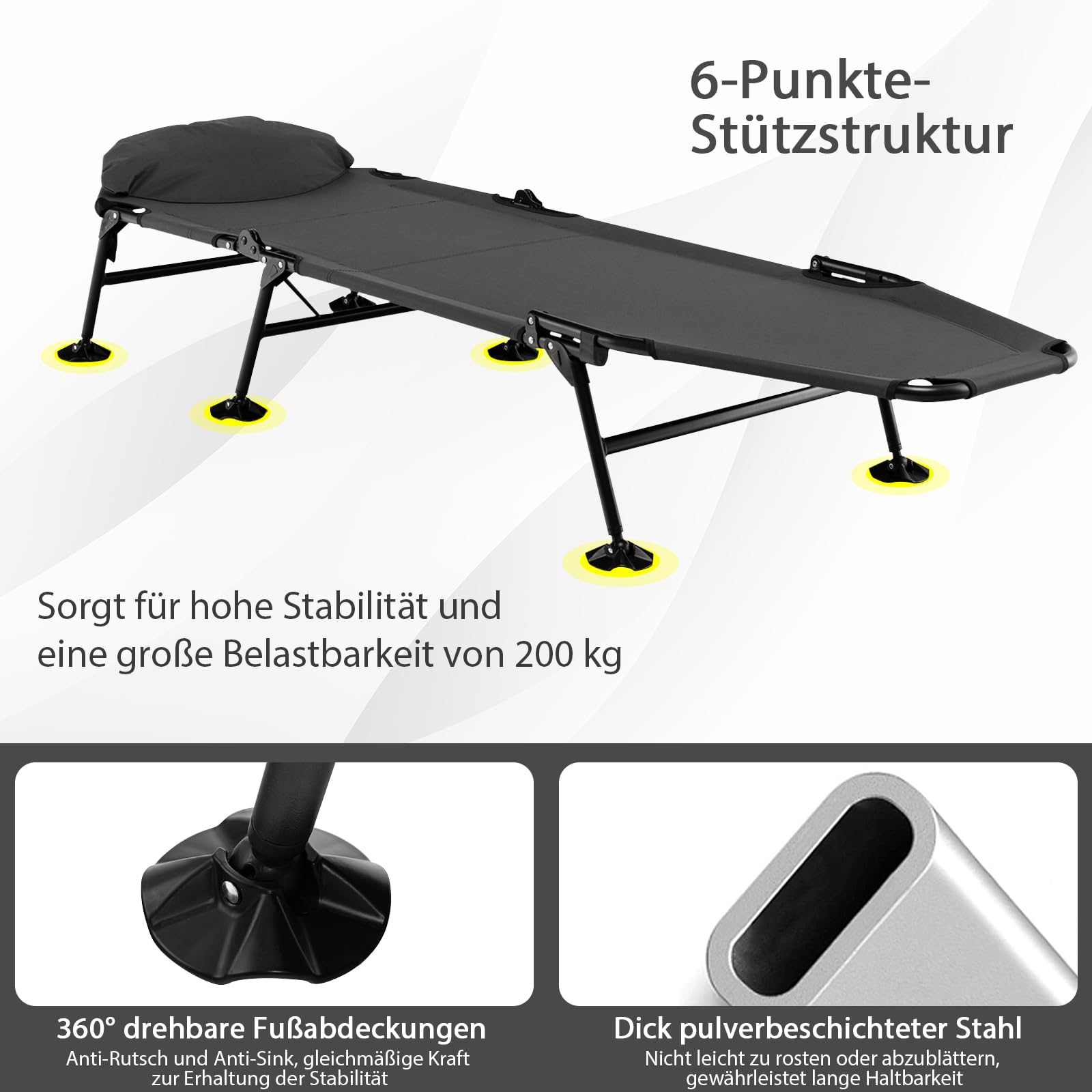 SOARS Karpfenliege klappbar, Angelliege mit 6-Fach Verstellbarer Rückenlehne, Kopfkissen & Matratze, Campingliege 6-Bein mit großen Schlammfüßen bis 200 kg belastbar, 194 x 66 x 29 cm