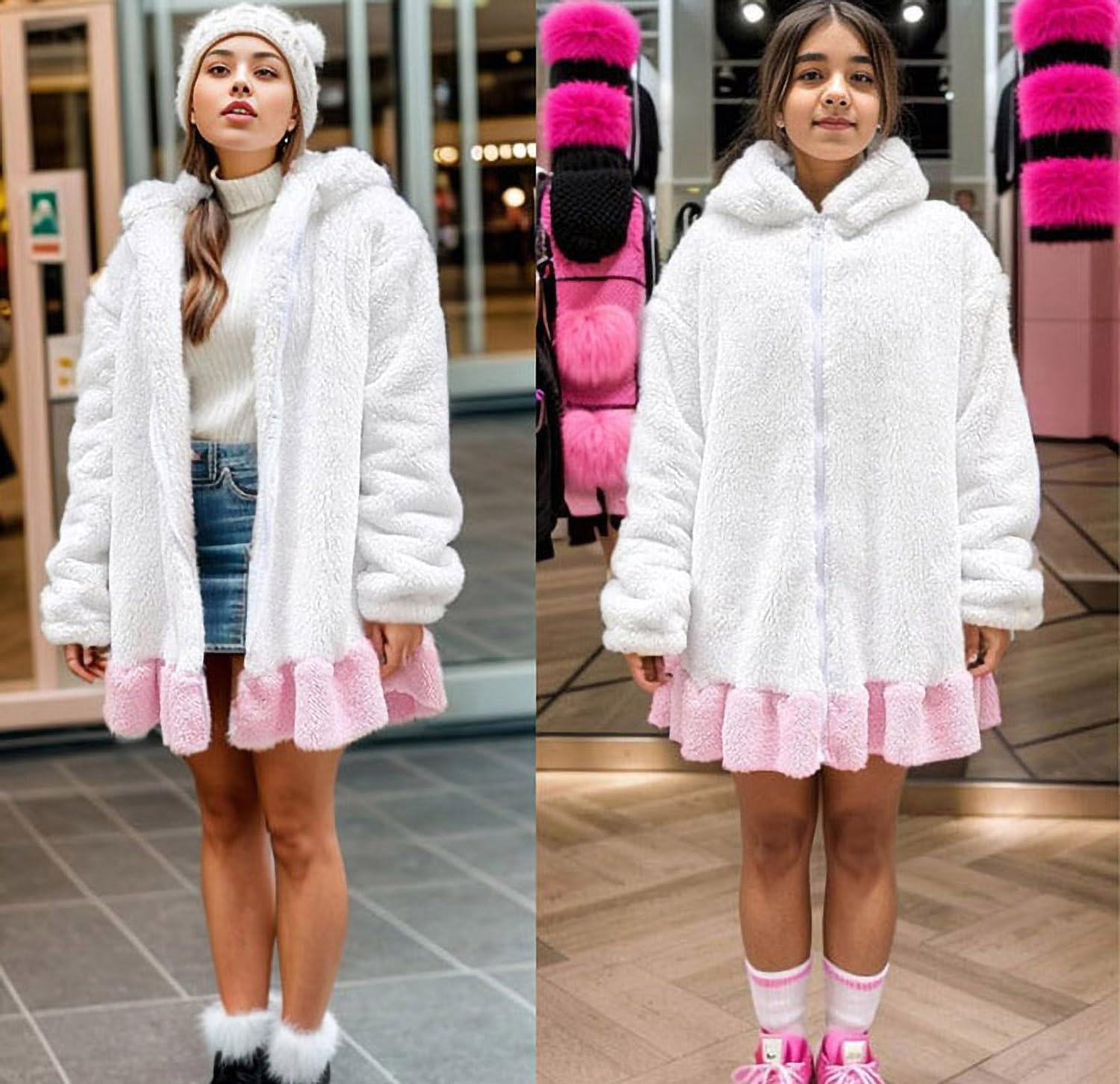 YUNZLAN Kawaii Warm Fluffy Fuzzy Bunny Or Bear Ear Hoodie Sweater Jacket Tops,Sweet Plush Hooded Sweatshirt Coat - Image 2