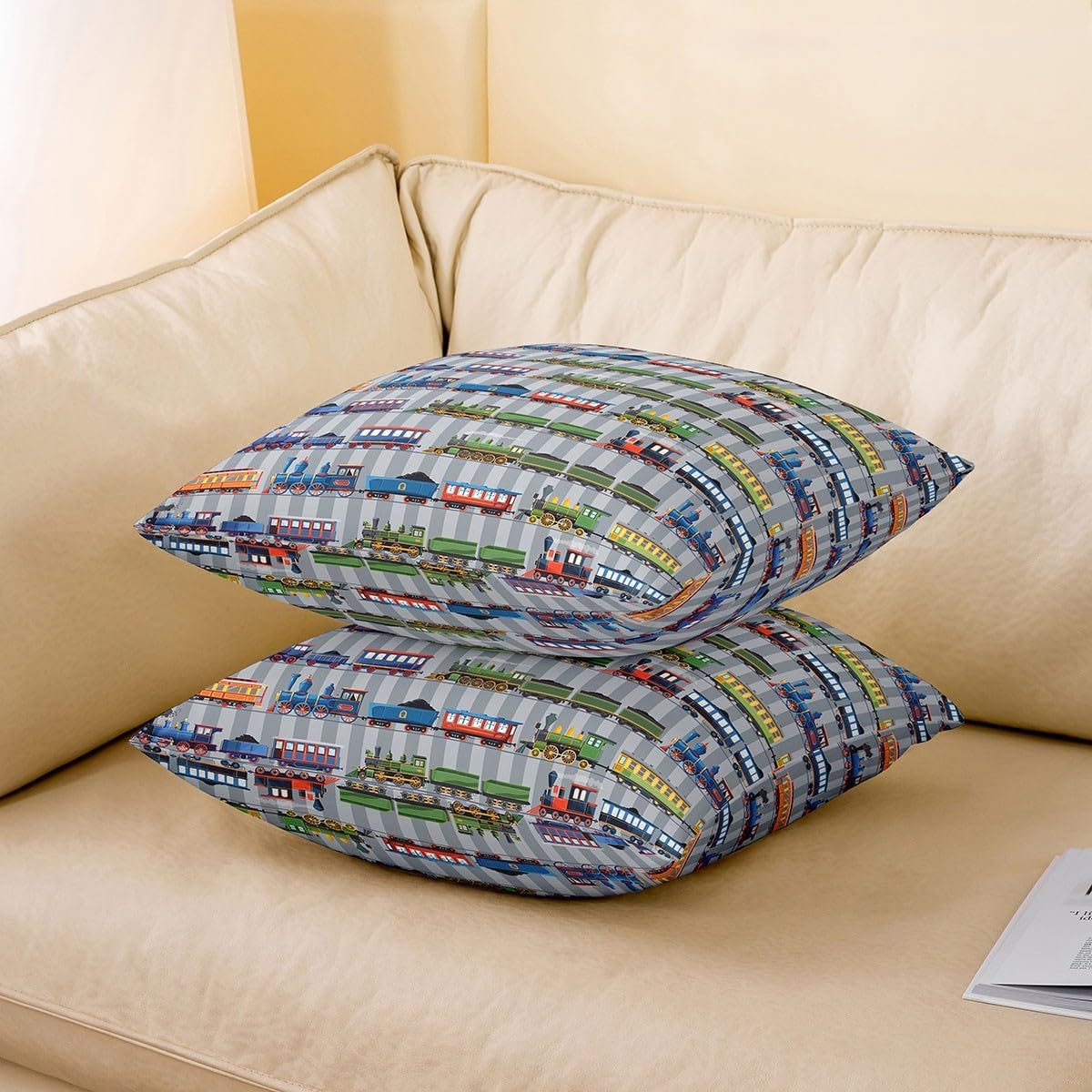 Cartoon Retro Train Pillow Cover for Kids Teens,Choochoo Steam Locomotive Train Throw Cushion Cover 20"x20",Boys Girls Kids Room Decor Cushion Case,Funny Trains Car Pillow Case Single Pack image 3