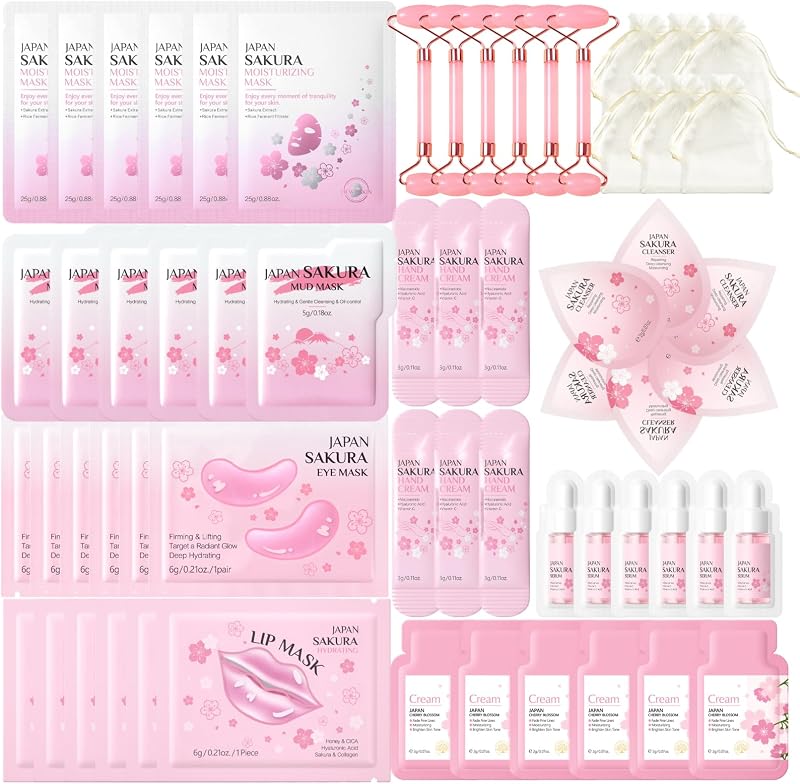 60 piezas de suministros para fiestas de spa para niñas, kit de fiesta de cumpleaños para fiestas de pijamas | Set de cuidado de la piel con mascarillas faciales, mascarilla para ojos y mascarilla para labios, limpiador, suero y crema, crema para manos y rodillo facial
