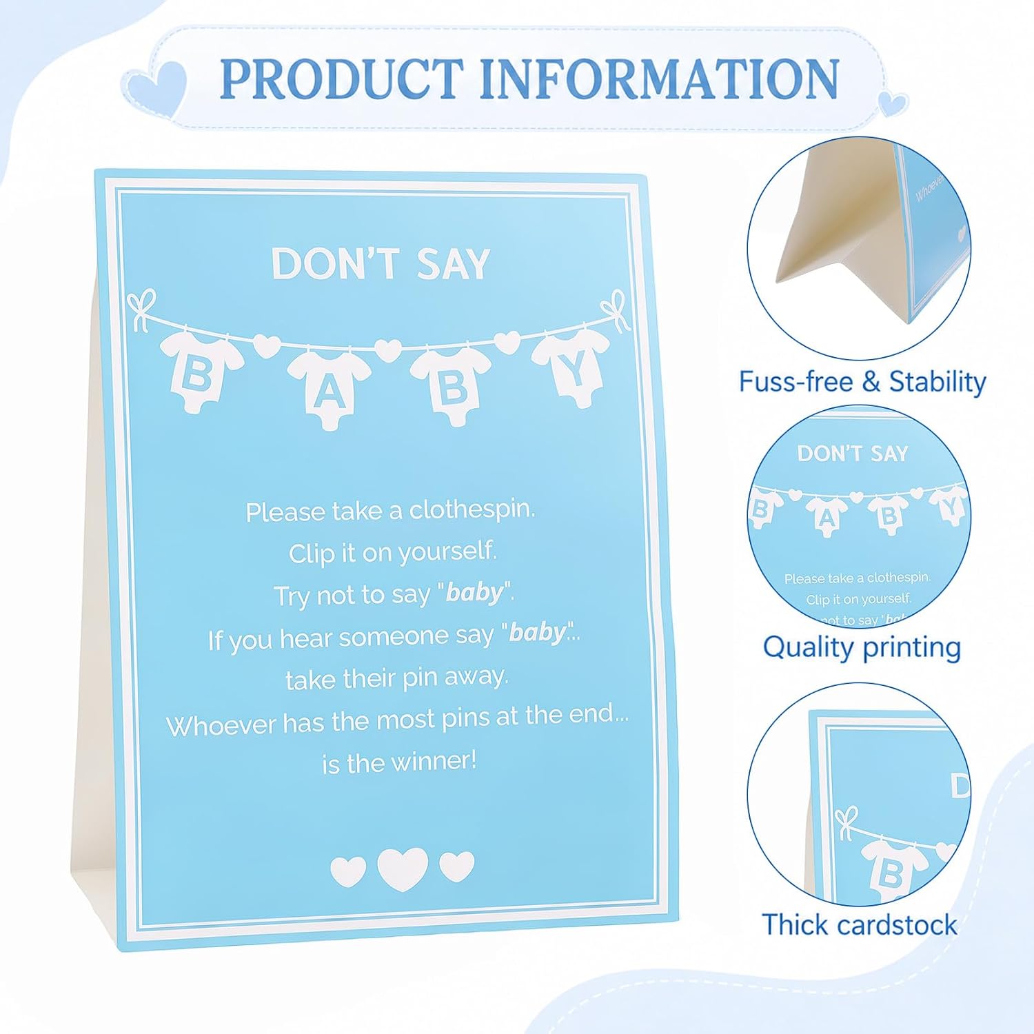 61 Pcs Don't Say Baby Game for Boys 1 Sign and 60 Blue Clothespins image 3