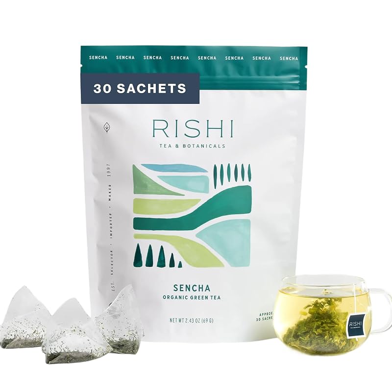Rishi Tea Chá verde Sencha orgânico em sachês, baixo teor de cafeína, 30 sachês