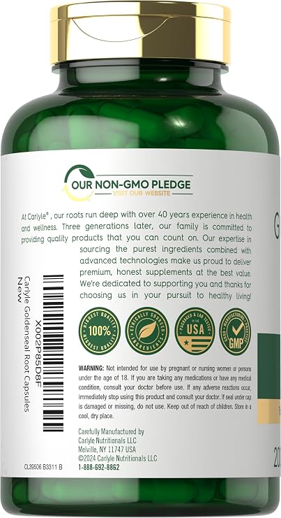 Carlyle Goldenseal Root Capsules | 200 Count | Traditional Herb Supplement | Non-GMO, Gluten Free