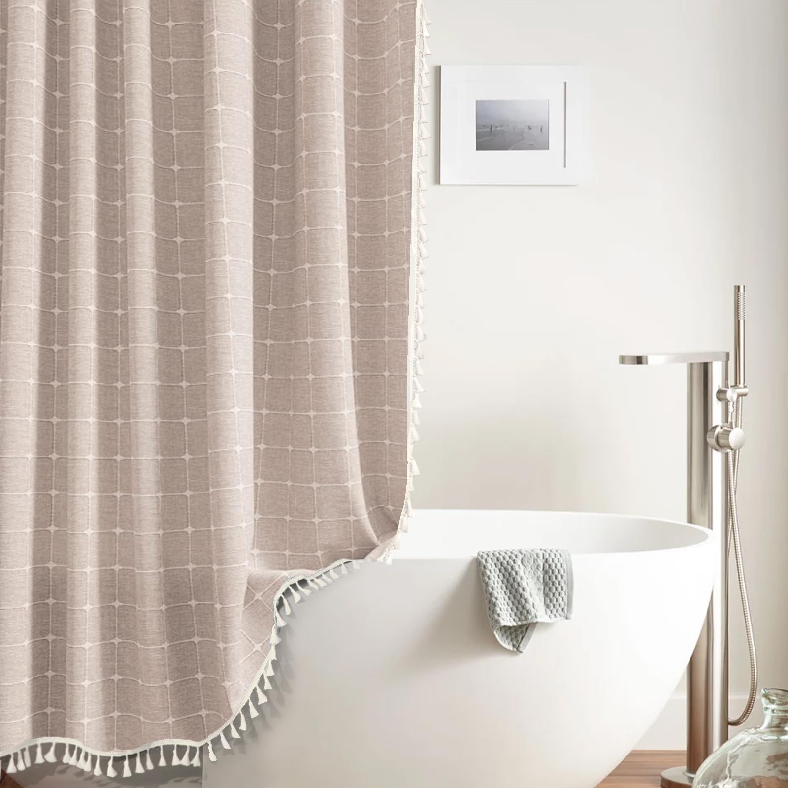 WEGOMA Extra Long Boho Shower Curtain Tassel Shower Curtain Set with 12 Plastic Hooks Modern Country Farmhouse Duty Shower Curtain for Bathroom