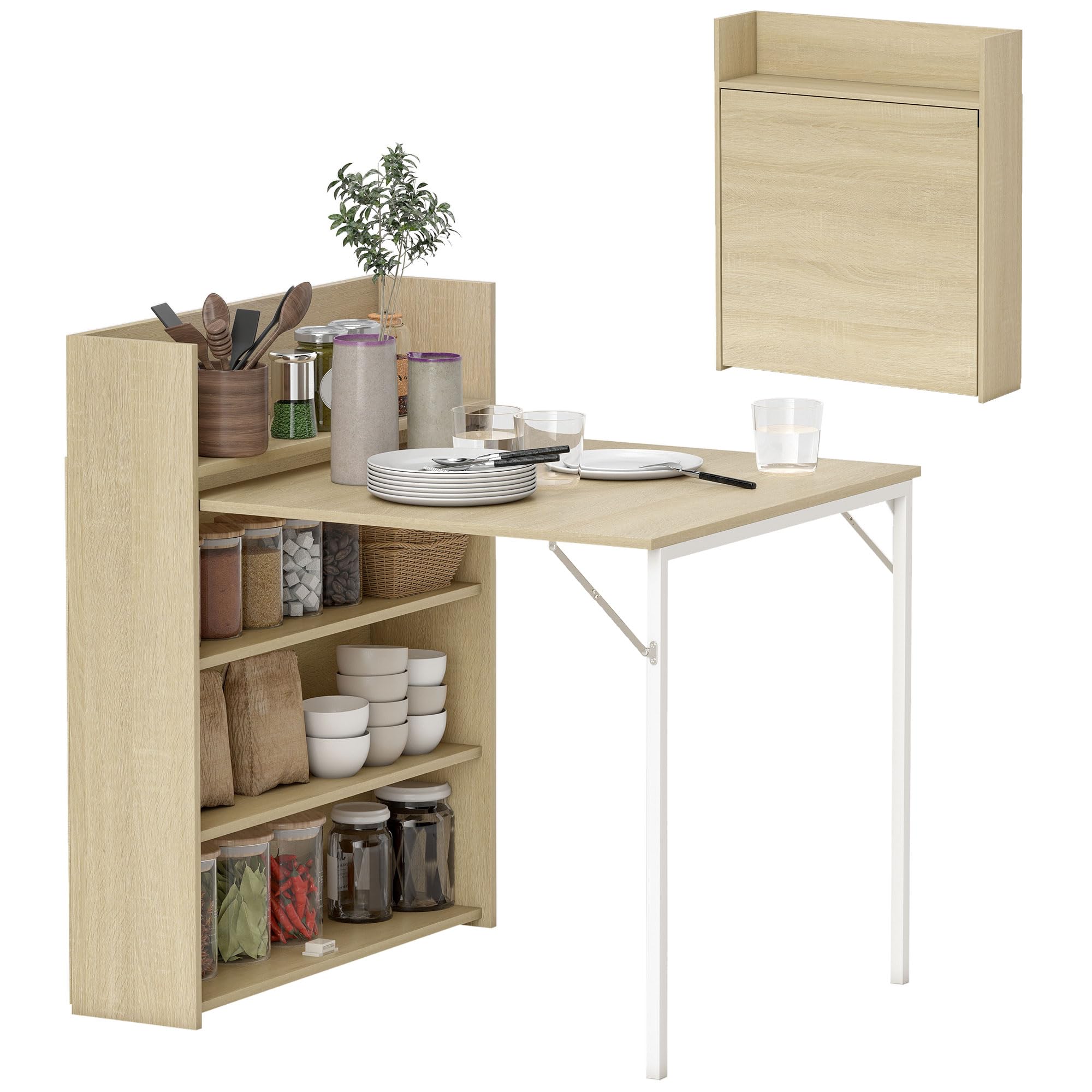 HOMCOM Folding Dining Table for 3 People, 4-Tier Shelves, Oak Wood Effect