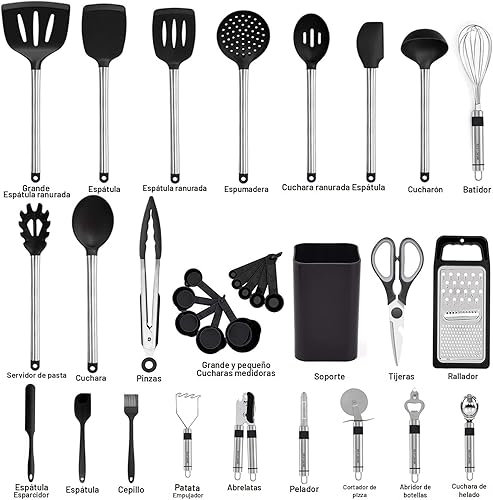 Miniatura 2 de Juego de utensilios de cocina de silicona, 33 utensilios de cocina y cucharas para utensilios de cocina antiadherentes, juego de espátulas de Negro