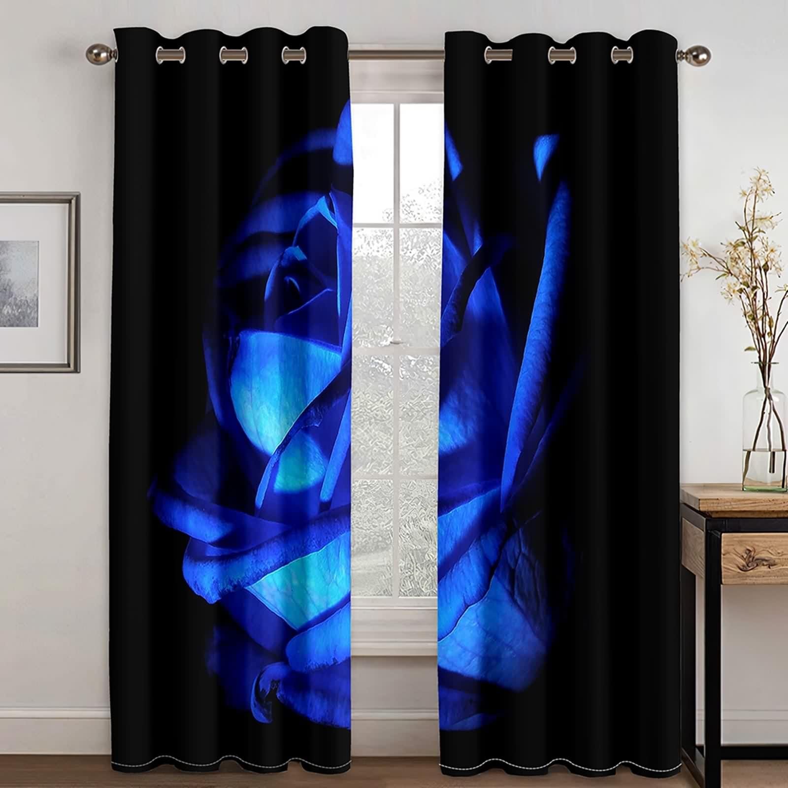 Rideaux Polyester, Rideau Fenetre Chambre Bleu Noir Pétales Bleus Décoration 244L x 214H CM Lot de 2