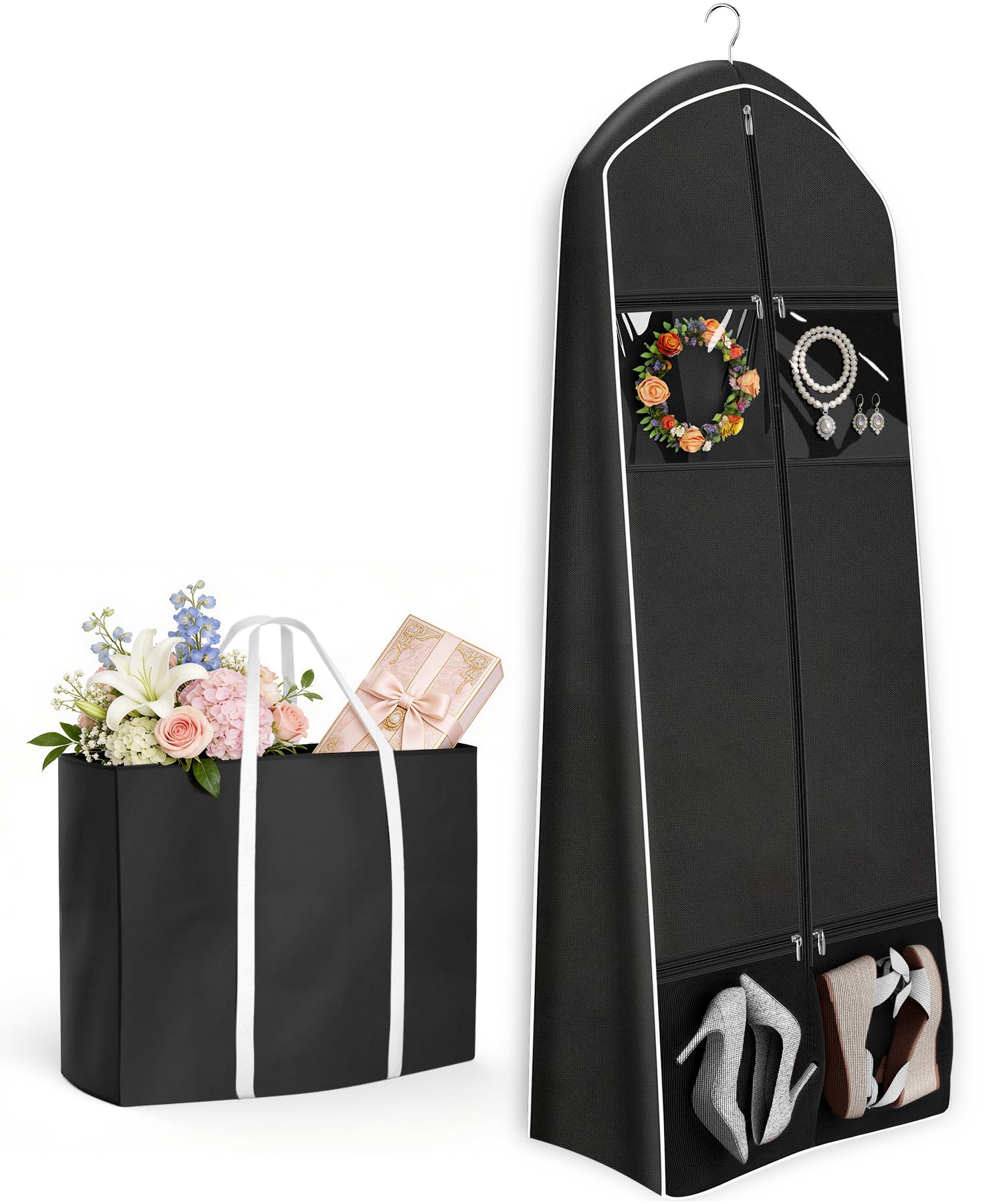 KEETDY Portable 70 Wedding Dress Garment Bag Travel with Bride Tote Bag 8 Gusseted Hanging Dress Bags for