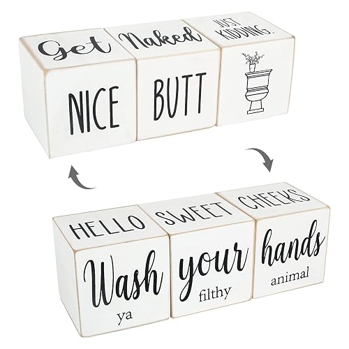 Funny Farmhouse Bathroom Decor Wooden Block Sign for Shelf, White
