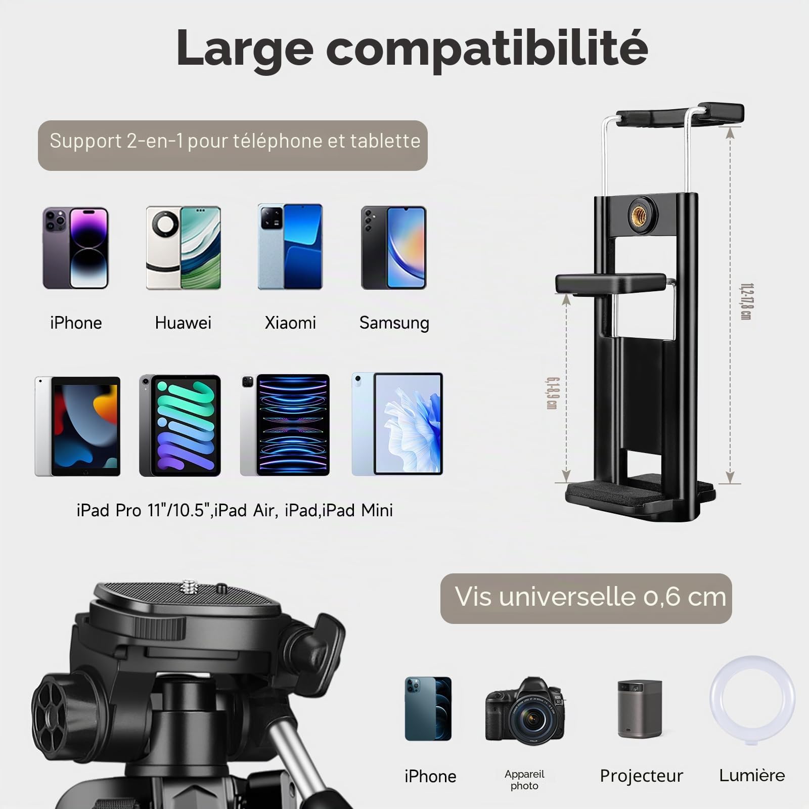 JOILCAN Trepied Appareil Photo, 173cm Trepied Smartphone Léger en Aluminium avec Détachable à 3 Voies, Trépied pour iPhone/iPad/Caméra/Téléphone avec Télécommande et Support pour Téléphone Tablette