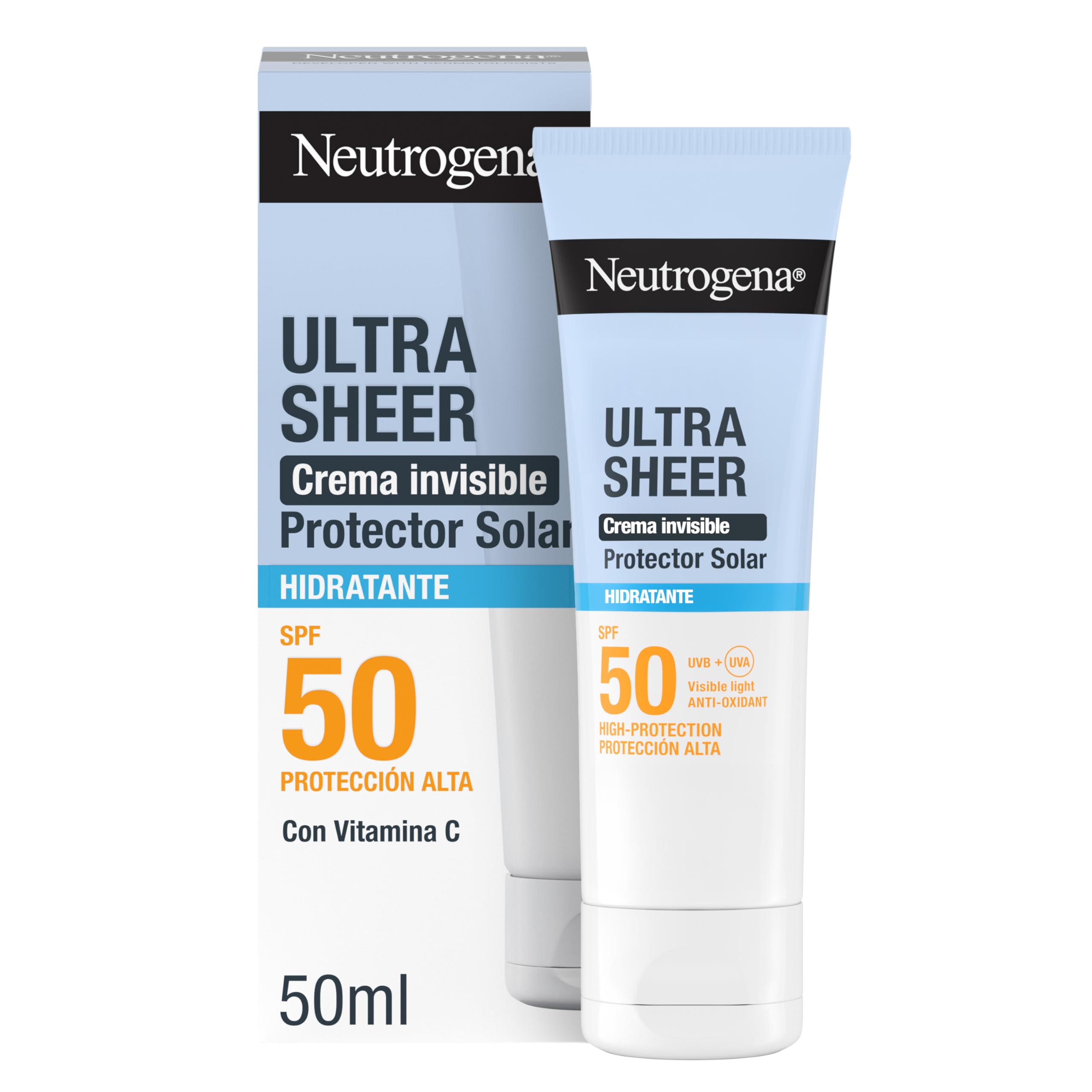 Neutrogena Ultra Sheer Solar Crema Invisible Hidratante SPF50 (50 ml), protector solar facial 50 de amplio espectro, crema hidratante facial hipoalergénica y no grasa, crema de sol resistente al agua