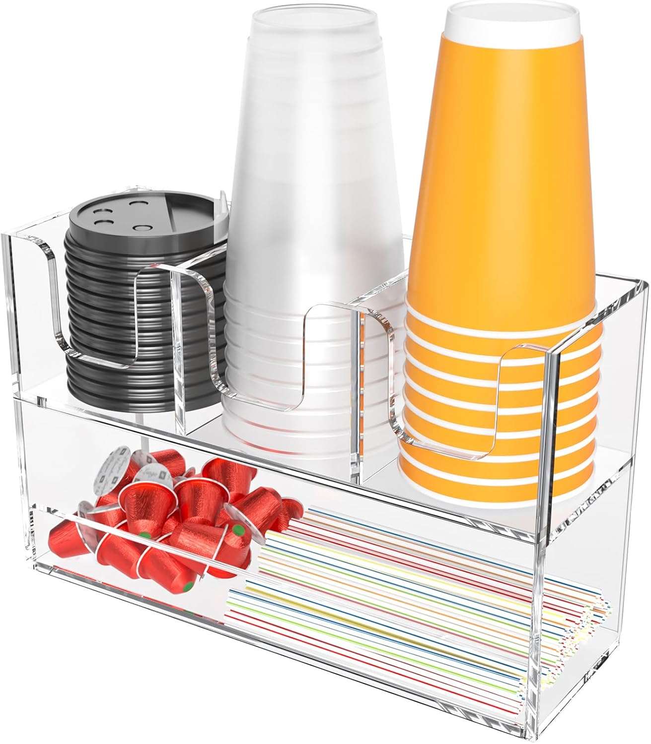 Beego 4-Compartment Cup Holder for Countertop - 2-Tier Clear Acrylic Cup Dispenser Coffee Station Paper Cup and Lid Organizer Condiment Storage for Restaurant Breakroom Kitchen Bar Accessories