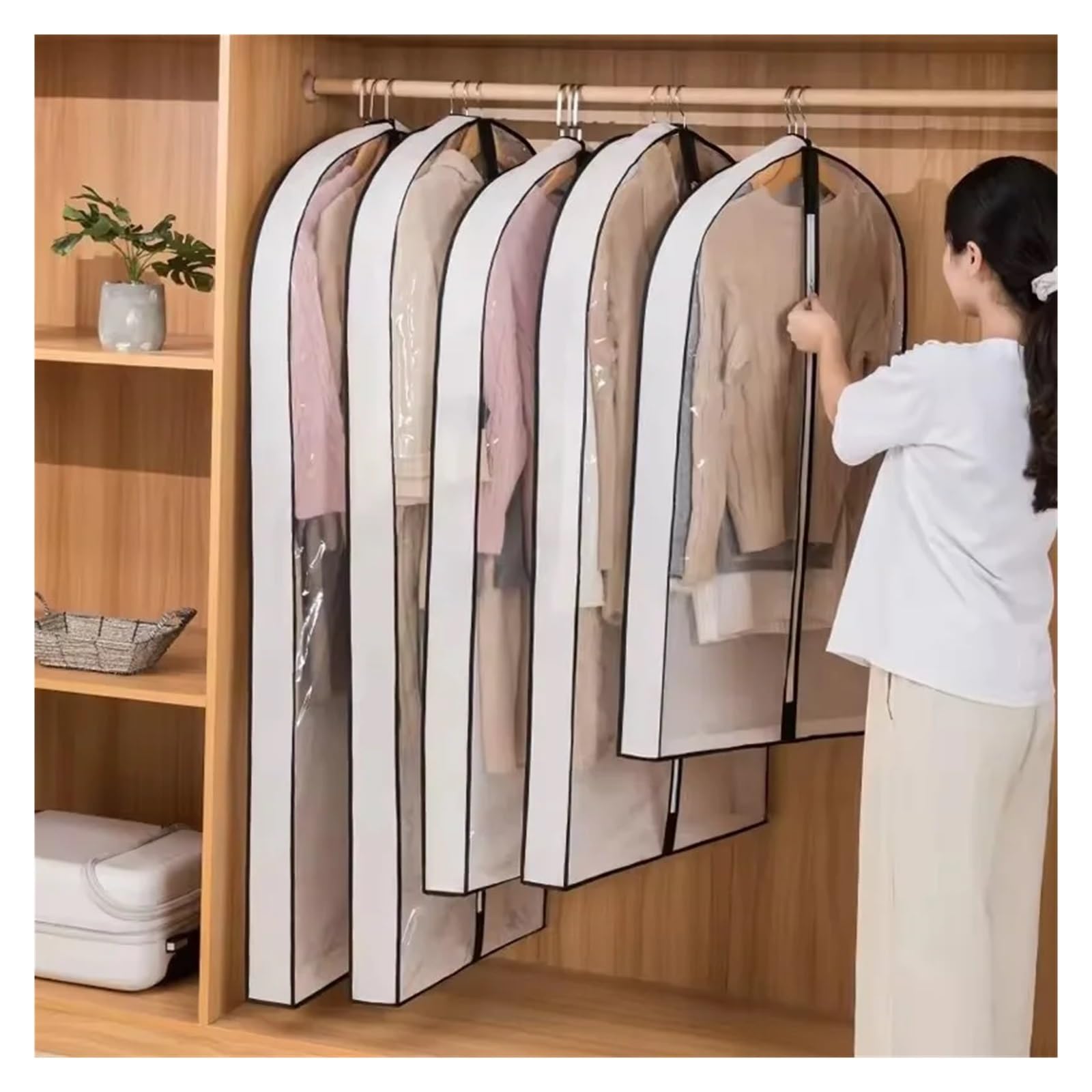 fundas para ropa 1-10PCS Washable Clothing Dust Cover Household Transparent Waterproof Suit Black Edge Clothes Storage Hanging Bag(White-3PCS,60X100CM)