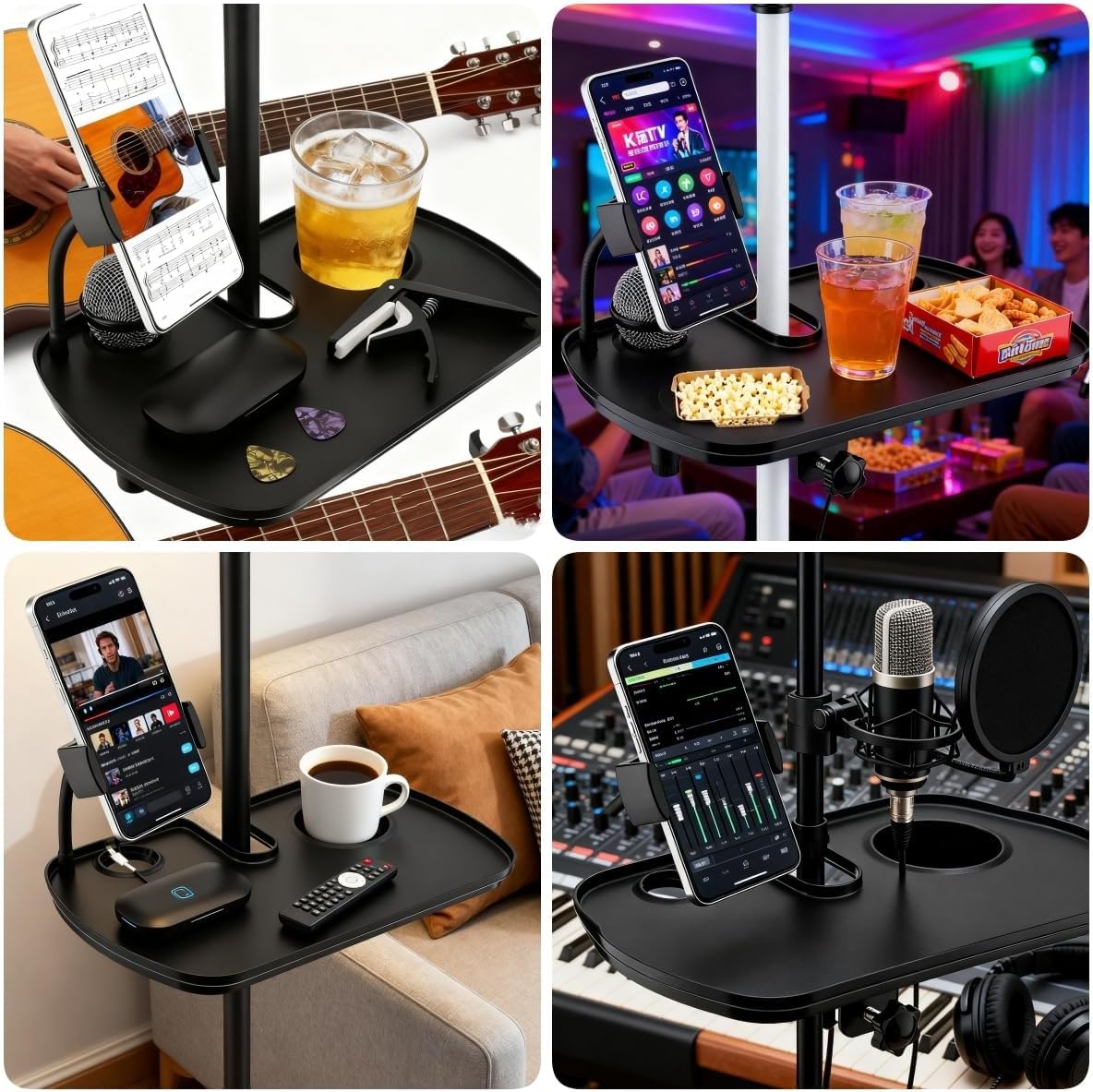 Microphone Stand Tray with Mic Phone Holder, 12.2" x 7.91" Large Shelf Adjustable Clamp On Rack Tray Shelf Attachment for Stage Music Stand Live Streaming Karaoke Recording