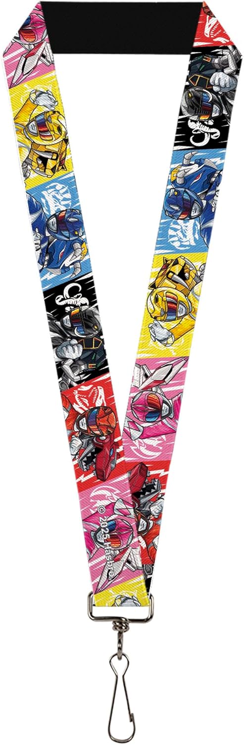 Buckle-Down Power Rangers Lanyard, Power Rangers Pose With Zord and Icon Blocks Multi Color, Elastic