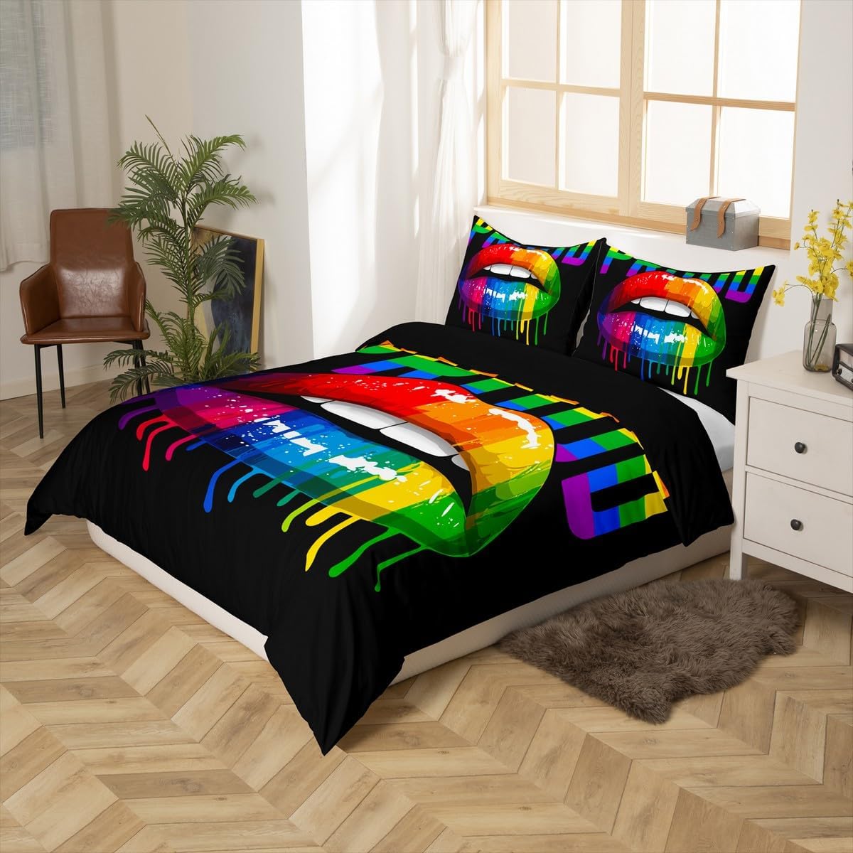 Castle Fairy Pride Theme Bedding Set,Rainbow Lips Comforter Cover Set for Teens Women Room Decor,Colorful Stripes Duvet Cover Breathable Watercolor Tie-dye Bedspread Cover Full Size(No Comforter)