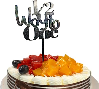 1/2 Way to One Cake Topper Half Birthday Decoration, Sparkly Built-In Stick, Thick & Sturdy, Mess-Free & Reusable Cake Topper for Baby Girl or Boy Black