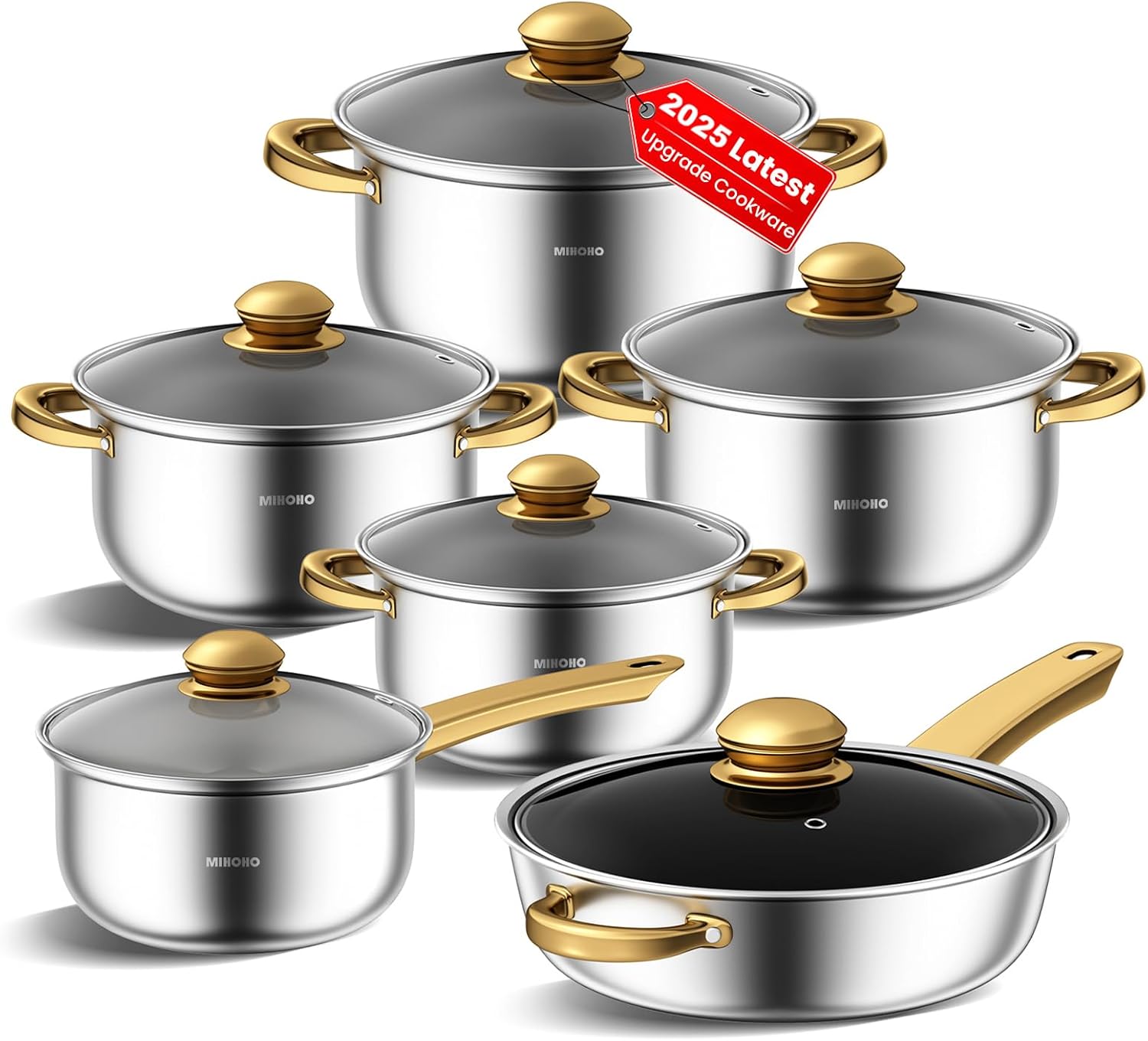 Stainless Steel pots and pans set, 12 Pieces Kitchen Cookware Set, Non-toxic Cooking Set with Stay-Cool Handles, Dishwasher Safe,Works with Induction/Electric and Gas Cooktops (Gold A)
