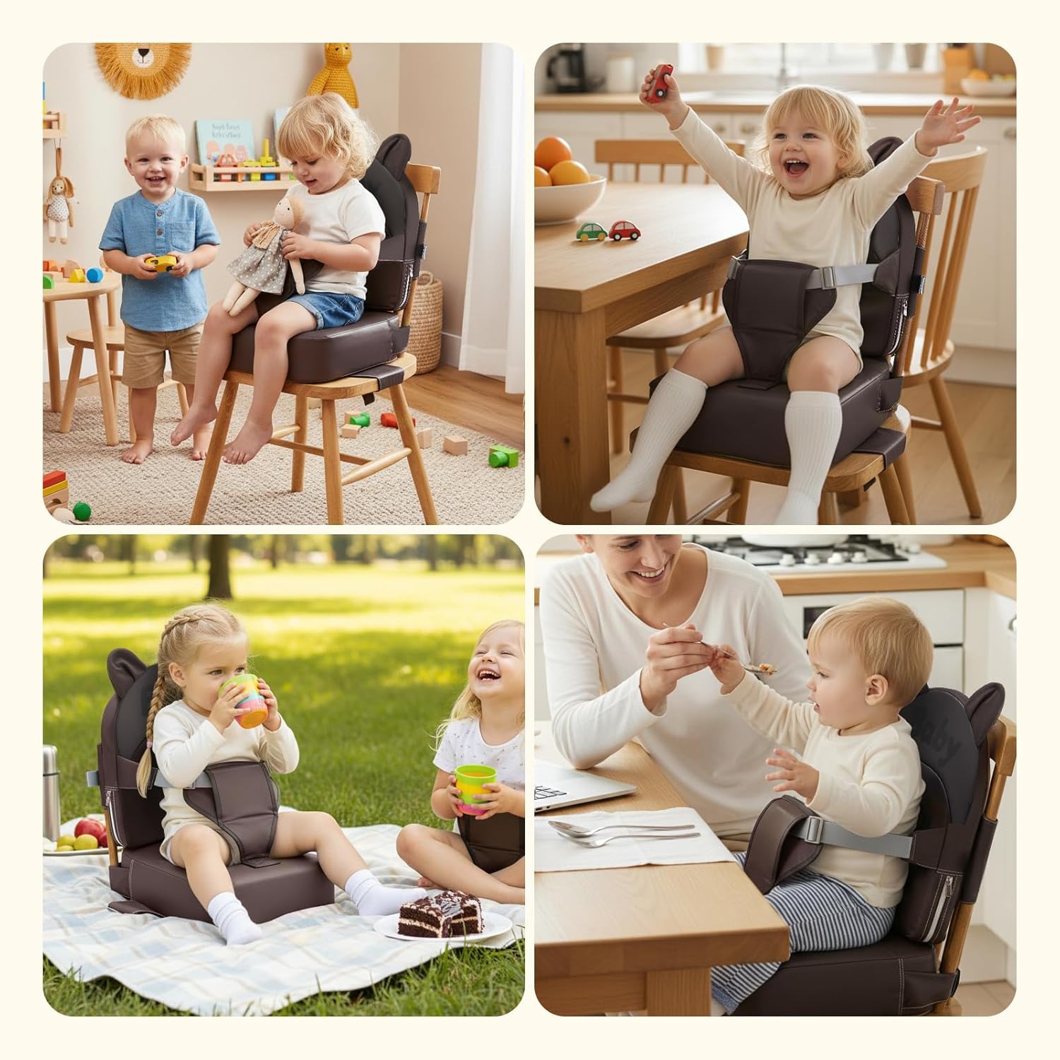 Booster Seat for Dining Table,Toddler Kids Boys Girls Portable PU Waterproof Travel Baby Boosters Increasing Cushion with Backrest and Adjustable Strap (Khaki, OneSize)
